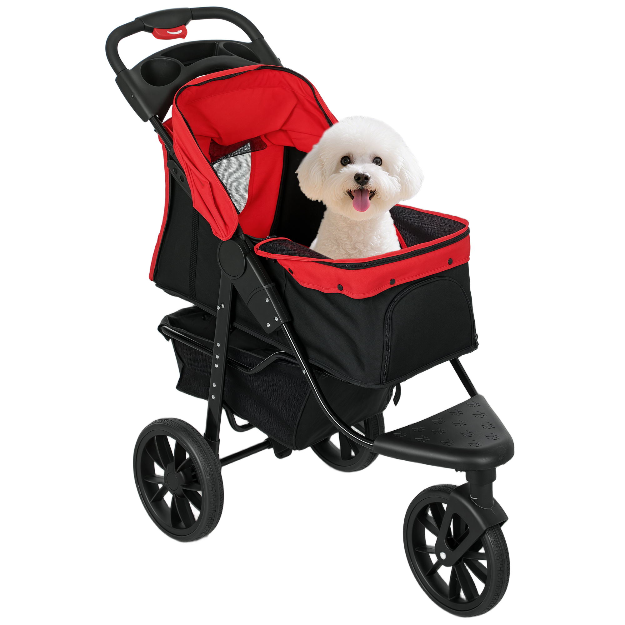 PawHut Cochecito para Mascotas Plegable con 3 Ruedas Puerta Ventanas de Malla Cesta y Correas de Seguridad 109,5x54,5x106,5cm Rojo | Aosom España