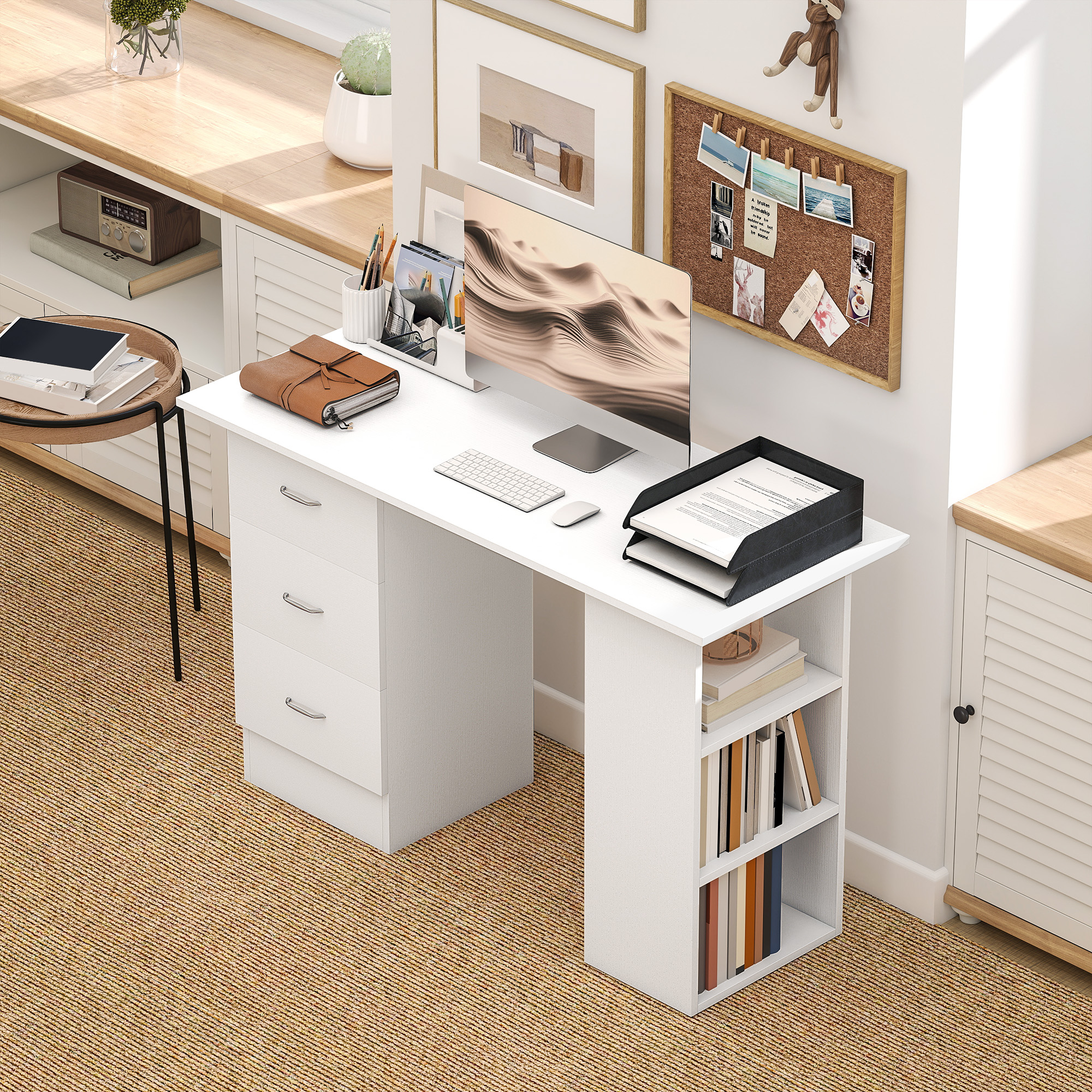 HOMCOM Computer Desk, Writing Table, PC Workstation with 3 Storage Shelves and Drawers, Silver Handle, for Home Office, White 7