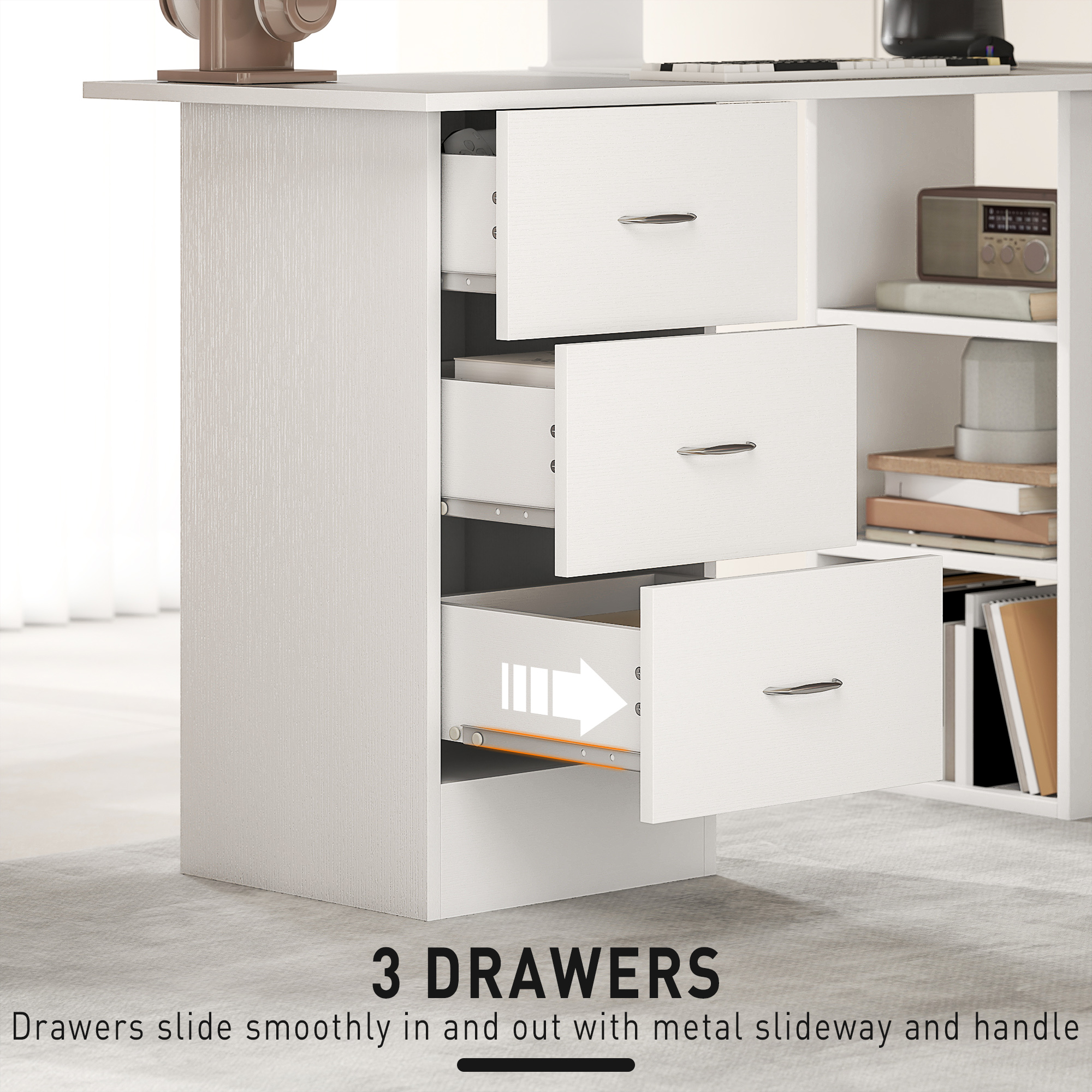HOMCOM Computer Desk, Writing Table, PC Workstation with 3 Storage Shelves and Drawers, Silver Handle, for Home Office, White 5