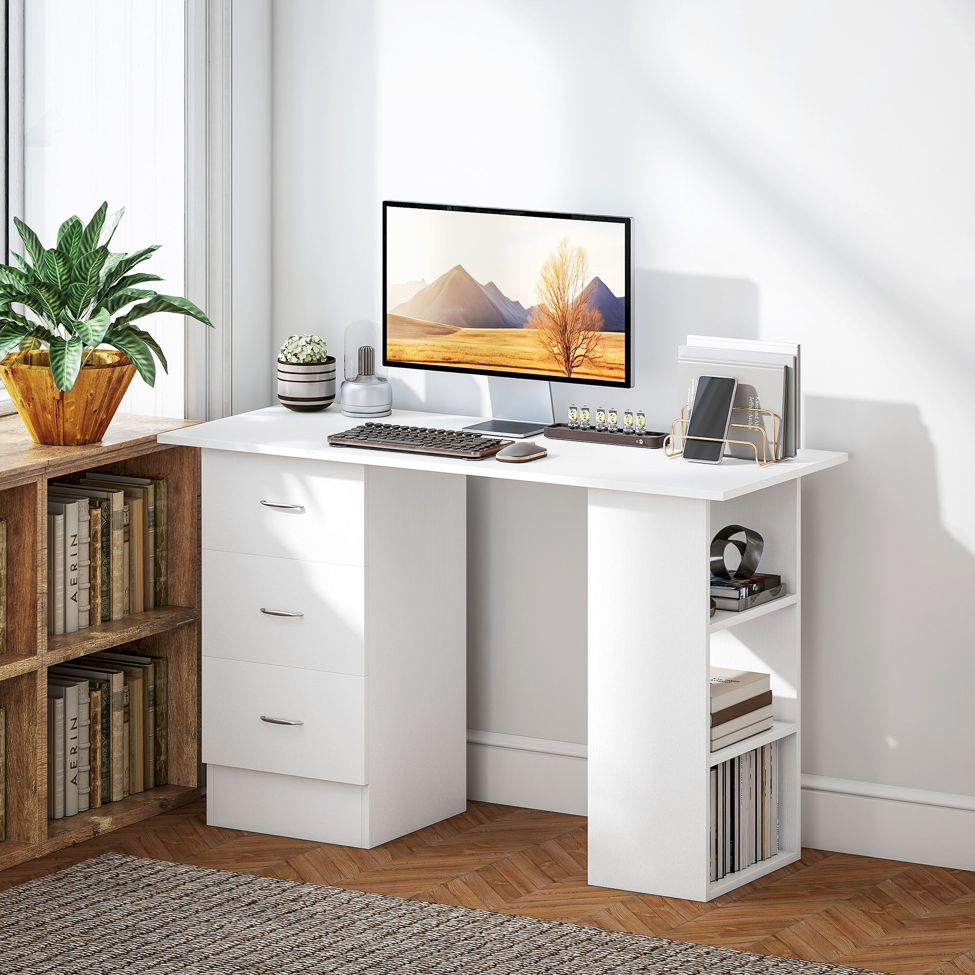 HOMCOM Computer Desk, Writing Table, PC Workstation with 3 Storage Shelves and Drawers, Silver Handle, for Home Office, White 8