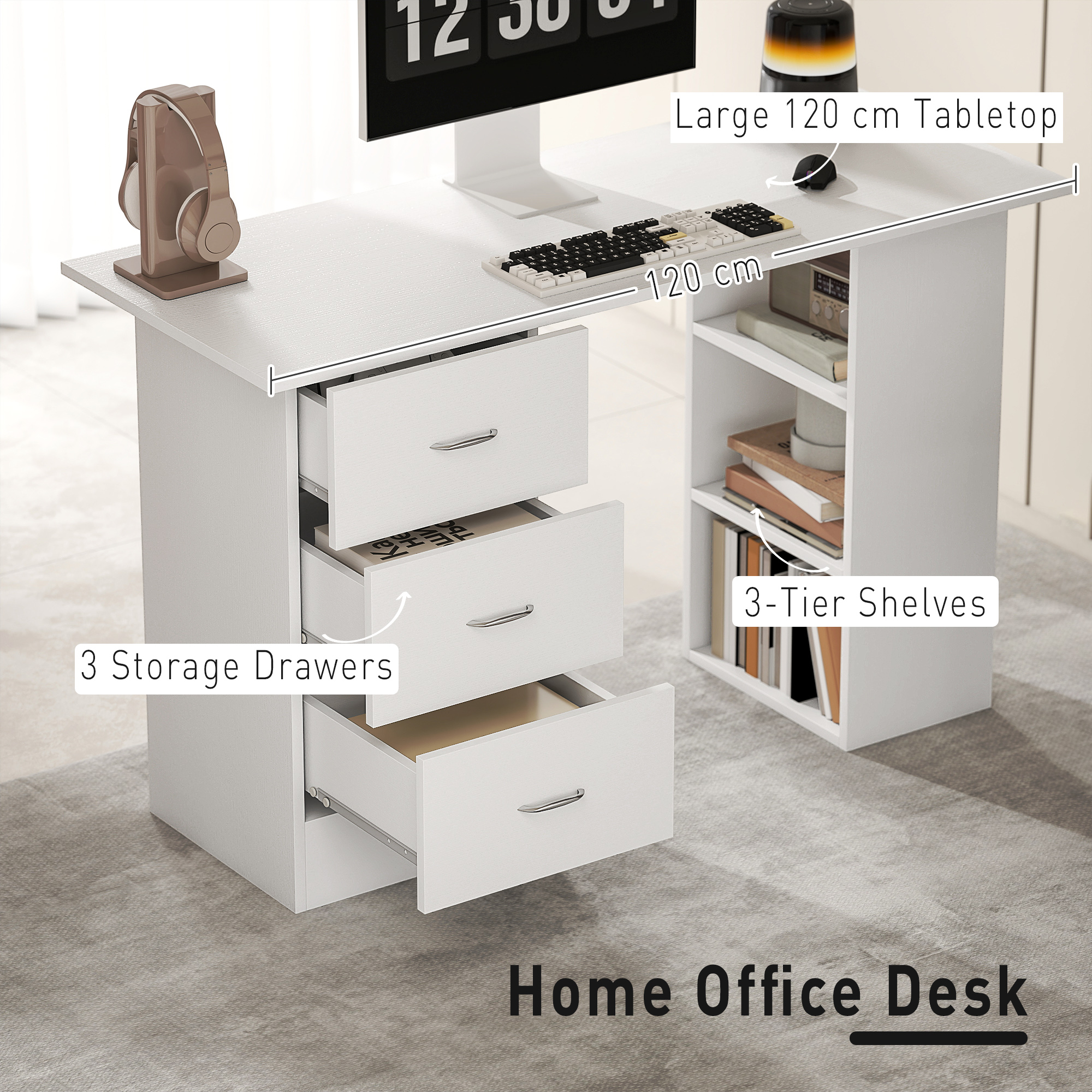 HOMCOM Computer Desk, Writing Table, PC Workstation with 3 Storage Shelves and Drawers, Silver Handle, for Home Office, White 4