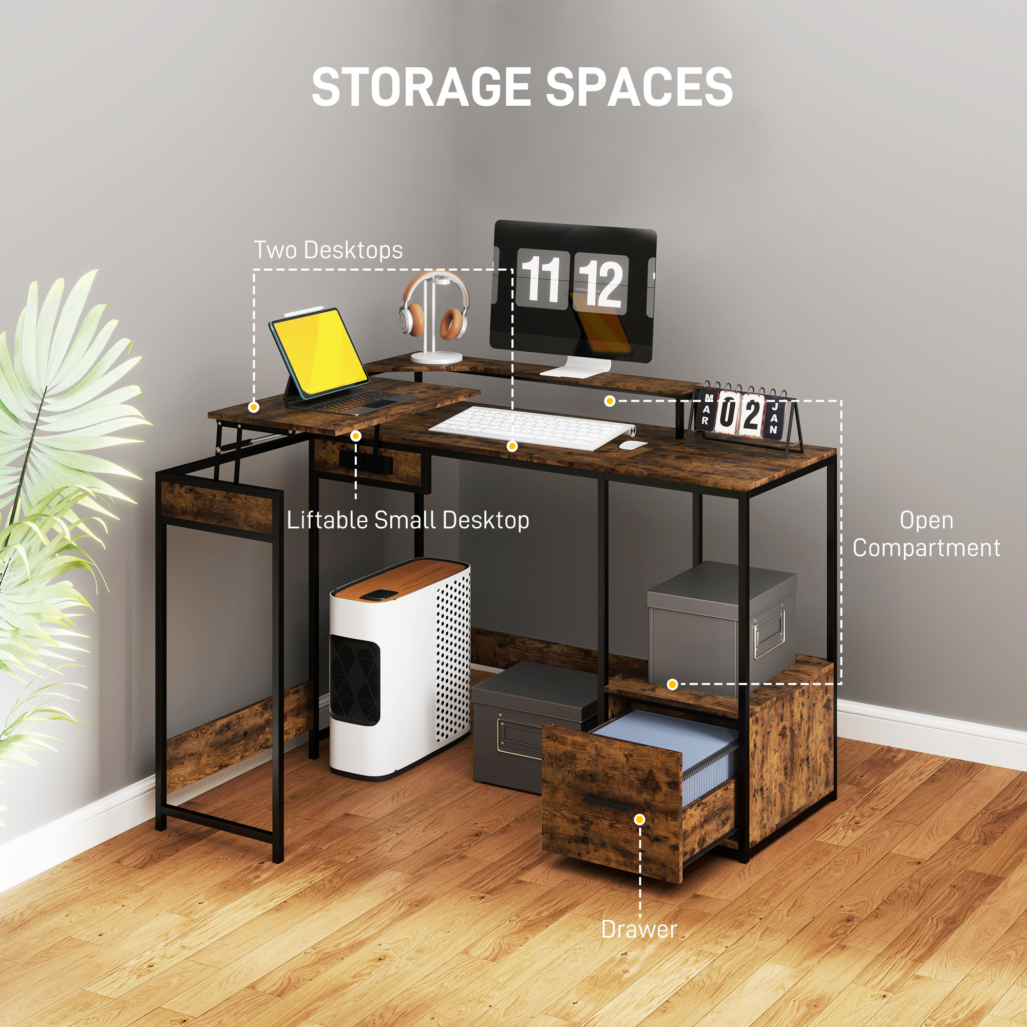 HOMCOM Industrial 'L' Shaped Multi-Work Desk Brown 4