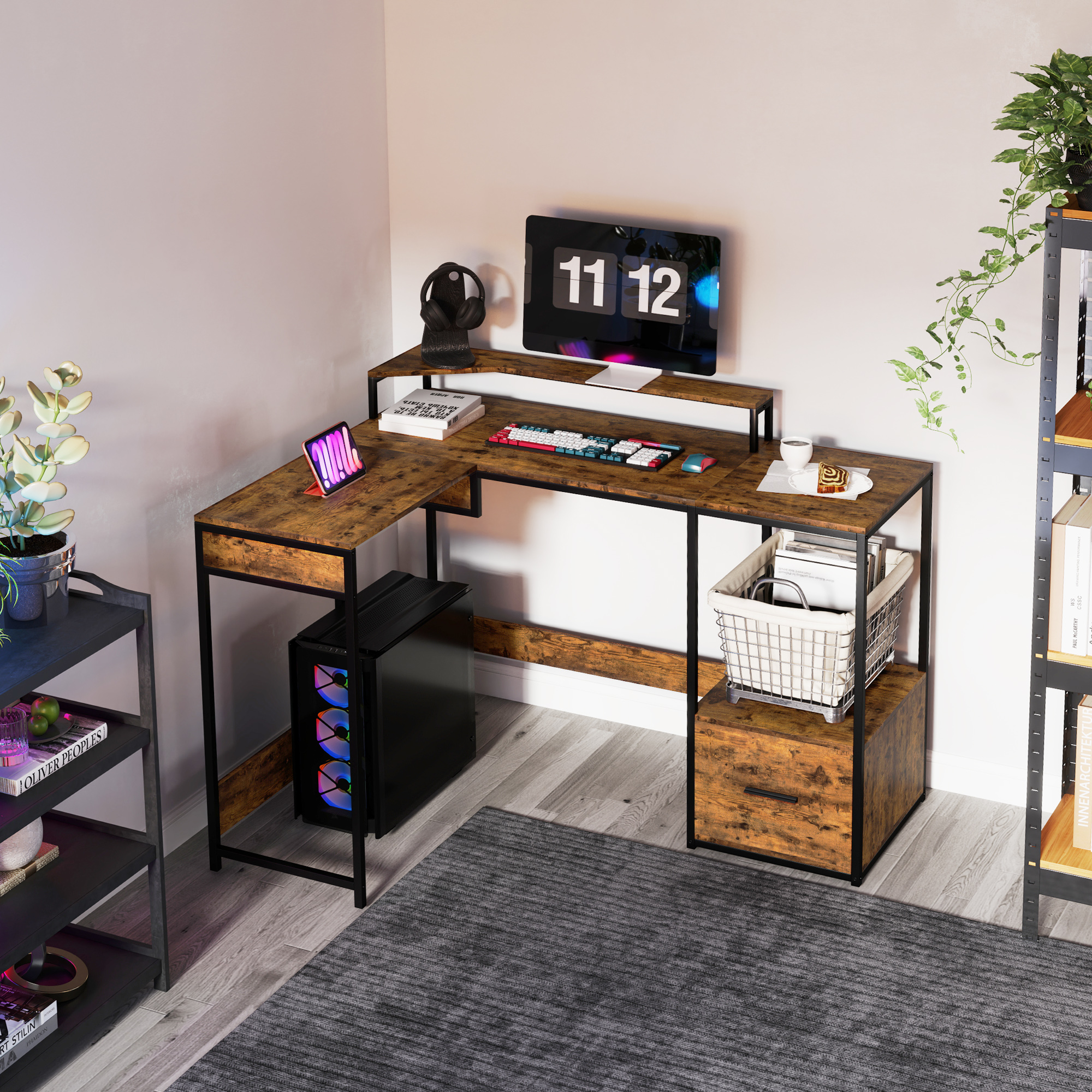 HOMCOM Industrial 'L' Shaped Multi-Work Desk Brown 2