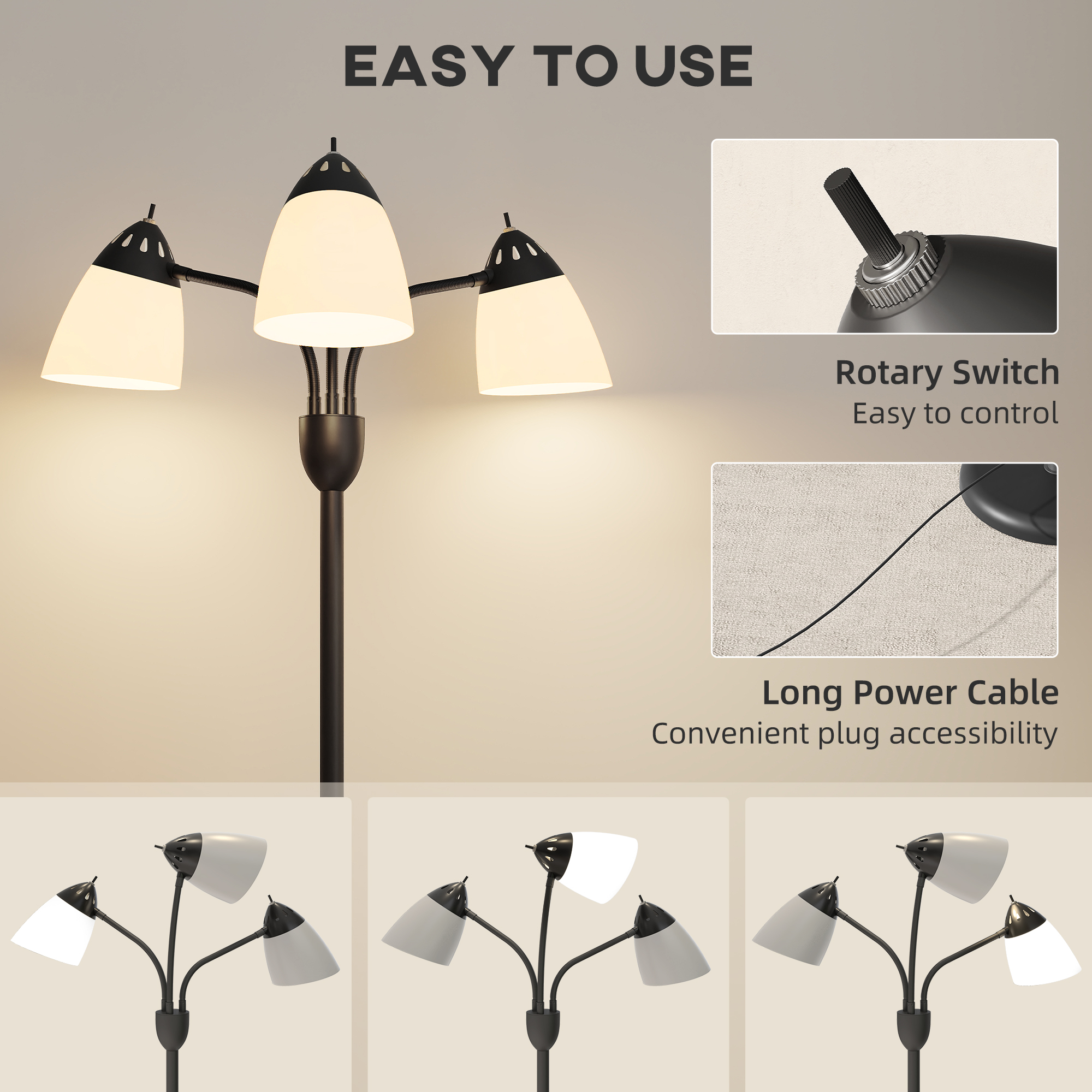 HOMCOM Arc Tree Floor Lamp with 3 Adjustable Rotating Lights and 3000K/4500K/6500K Colour Temperatures, Industrial Standing Lamp with Steel Frame for Bedroom Living Room, 155cm, Black 7