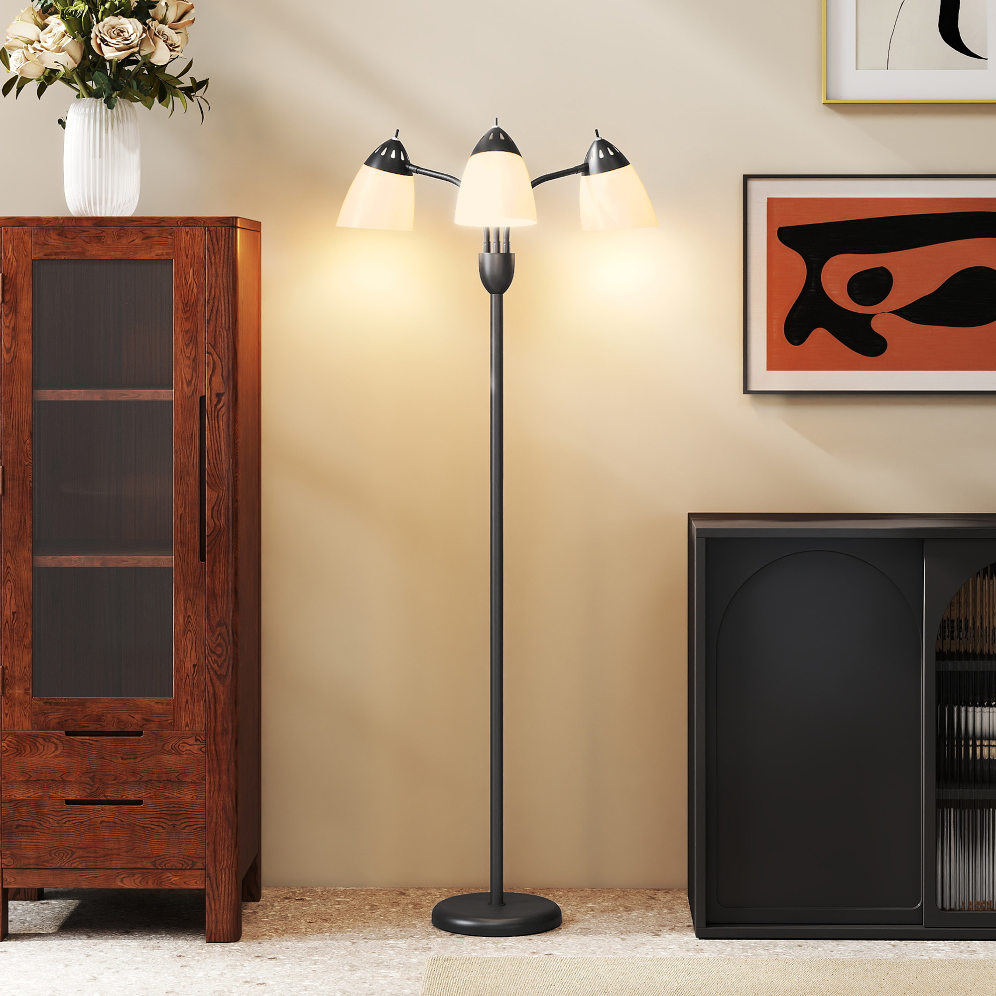 HOMCOM Arc Tree Floor Lamp with 3 Adjustable Rotating Lights and 3000K/4500K/6500K Colour Temperatures, Industrial Standing Lamp with Steel Frame for Bedroom Living Room, 155cm, Black 8