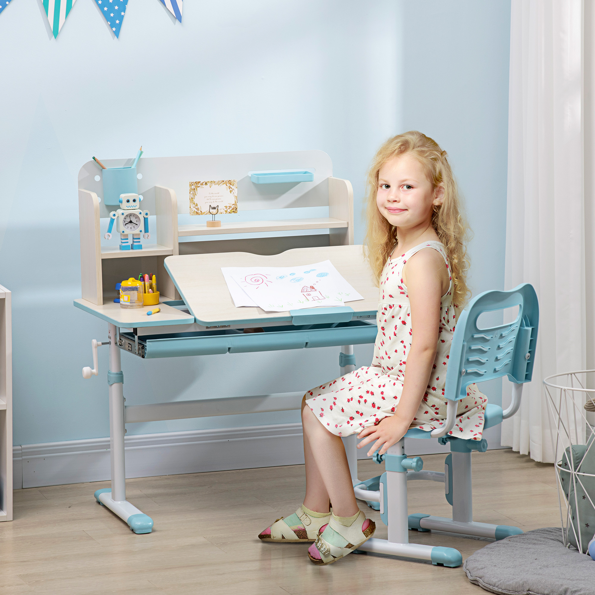 HOMCOM Set Schreibtisch und Stuhl für Kinder verstellbar, Kindertisch neigb günstig online kaufen