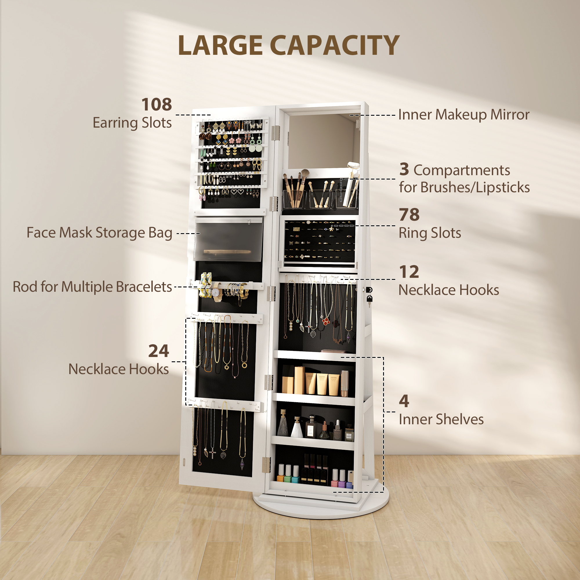 HOMCOM Storage Jewellery Cabinet, with Mirror and Lights White 5