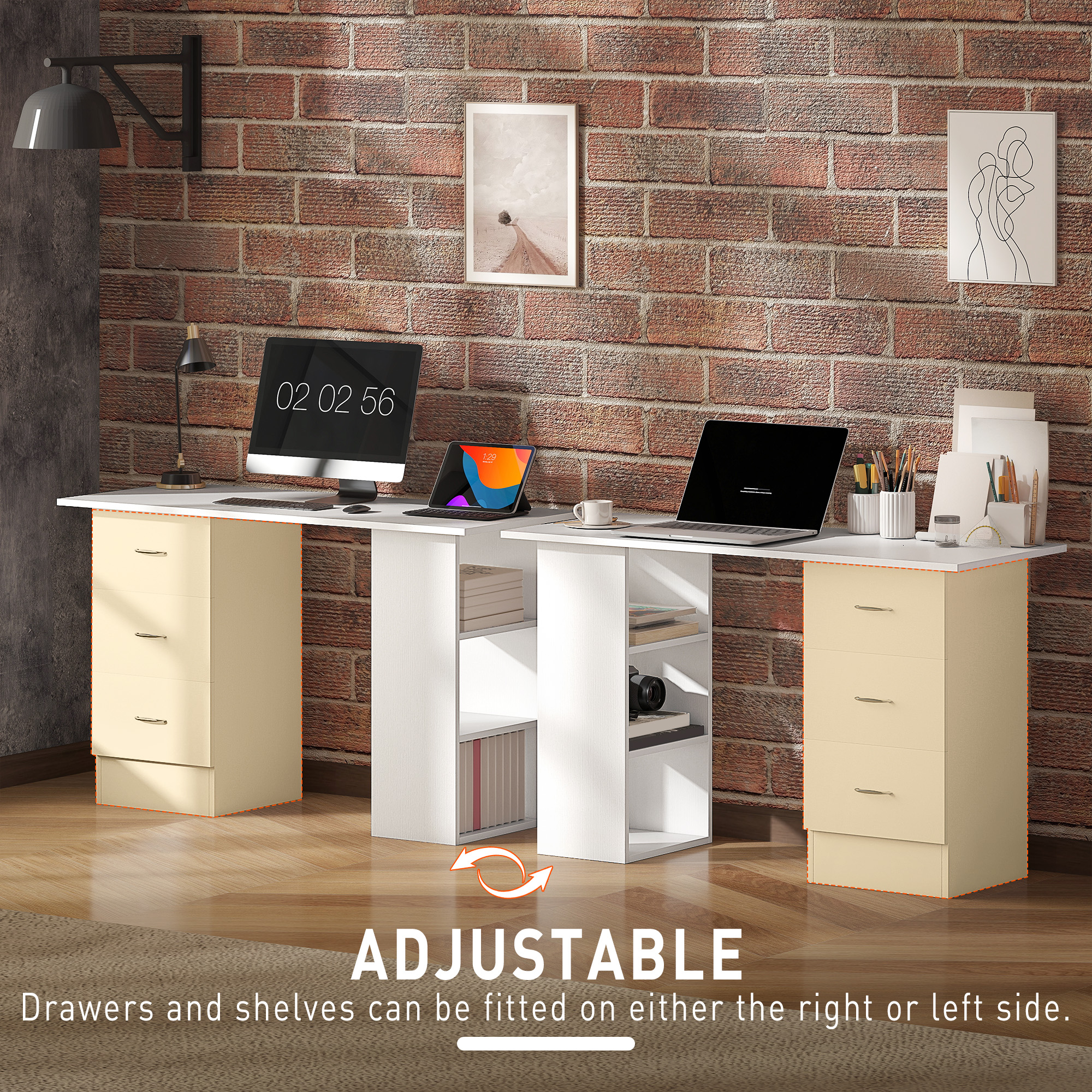 HOMCOM Computer Desk, Writing Table, PC Workstation with 3 Storage Shelves and Drawers, Silver Handle, for Home Office, White 6