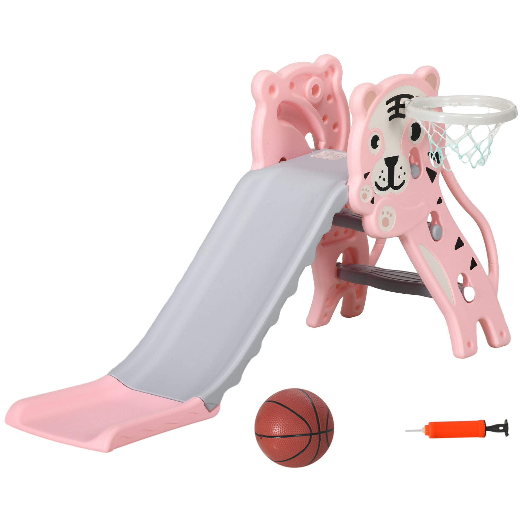 AIYAPLAY Escorrega para Crianças 2 em 1 com 2 Degraus Cesta de Basquetebol e Desenho de Tigre para Interior 133x60x70 cm Rosa   Aosom Portugal