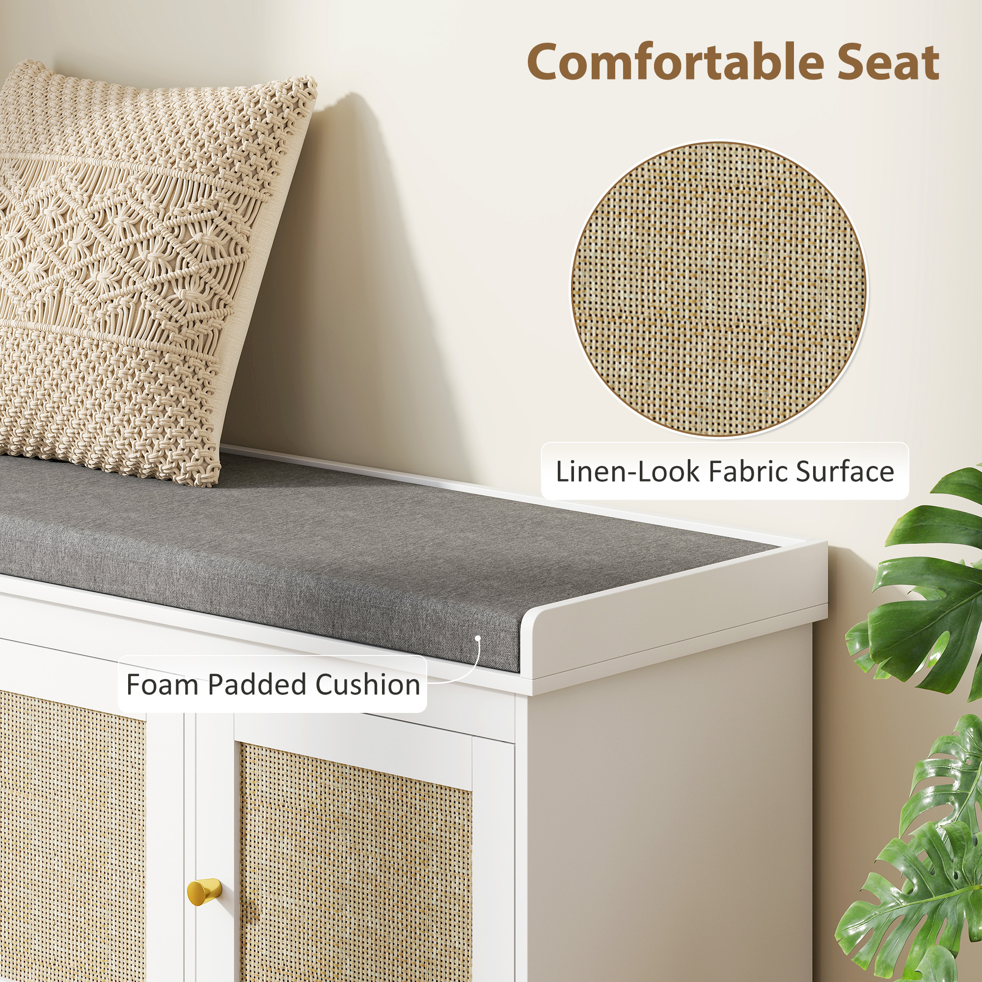 HOMCOM Shoe Storage Bench with Woven Rattan Doors, Seat White 5