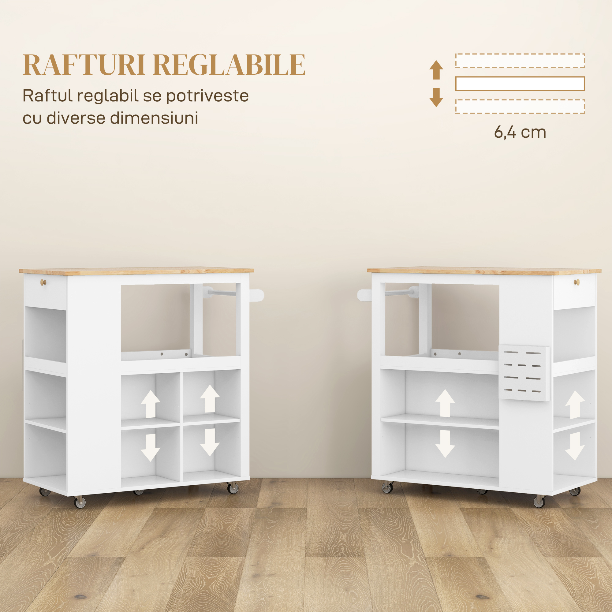  Carucior Insula de Bucatarie cu Rafturi Reglabile, Suport pentru Cutite si Blat din Lemn, 86.5x47x88 cm, Alb [4]