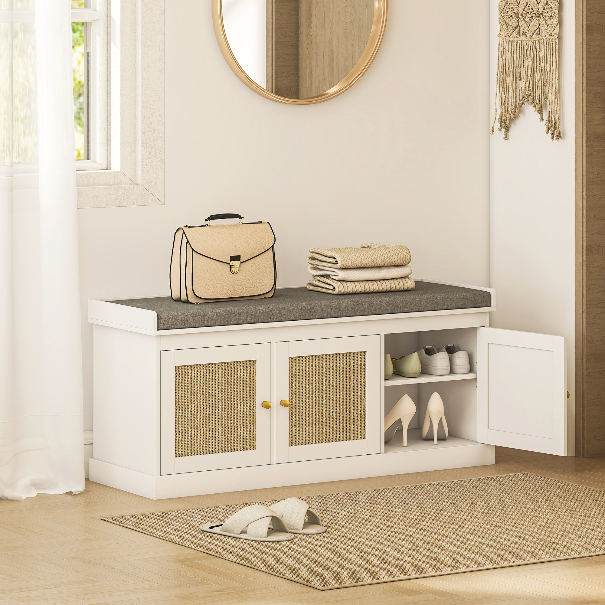 HOMCOM Shoe Storage Bench with Woven Rattan Doors, Seat White 2