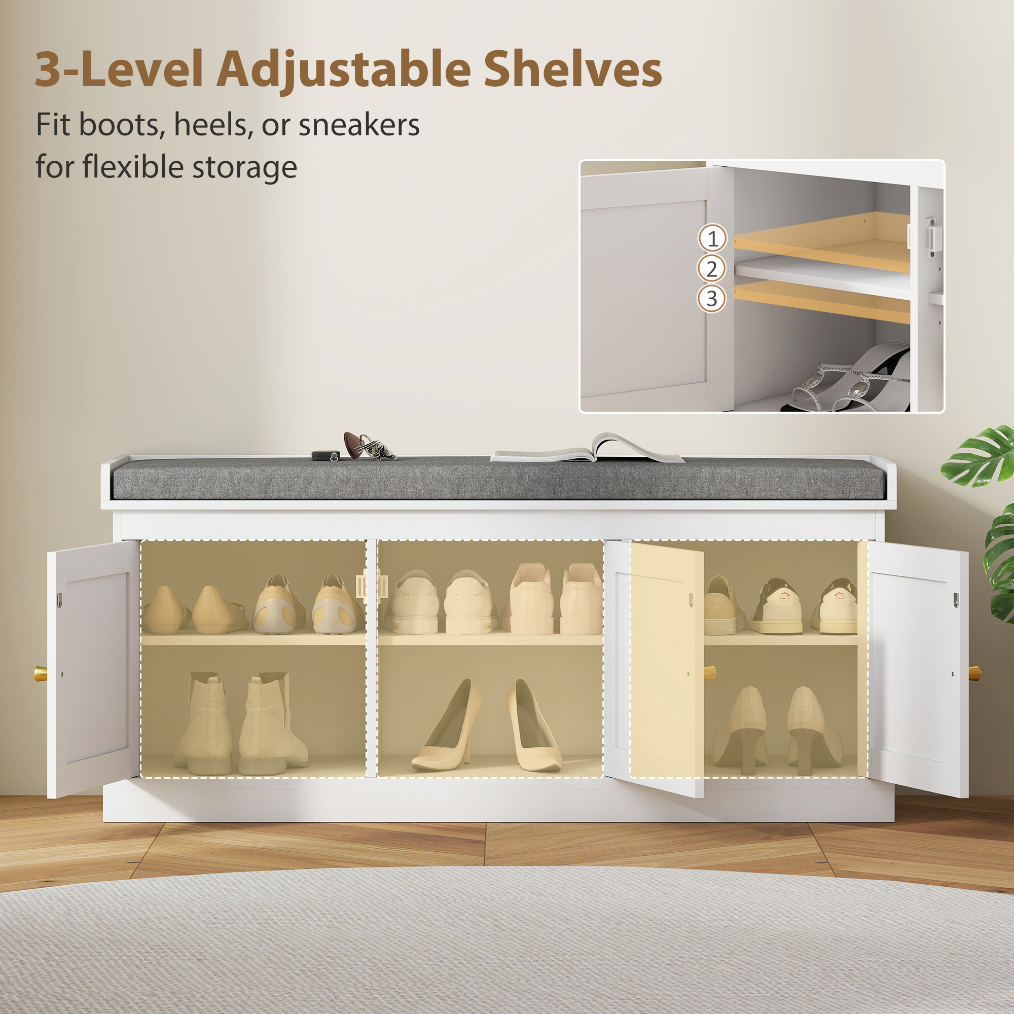 HOMCOM Shoe Storage Bench with Woven Rattan Doors, Seat White 7