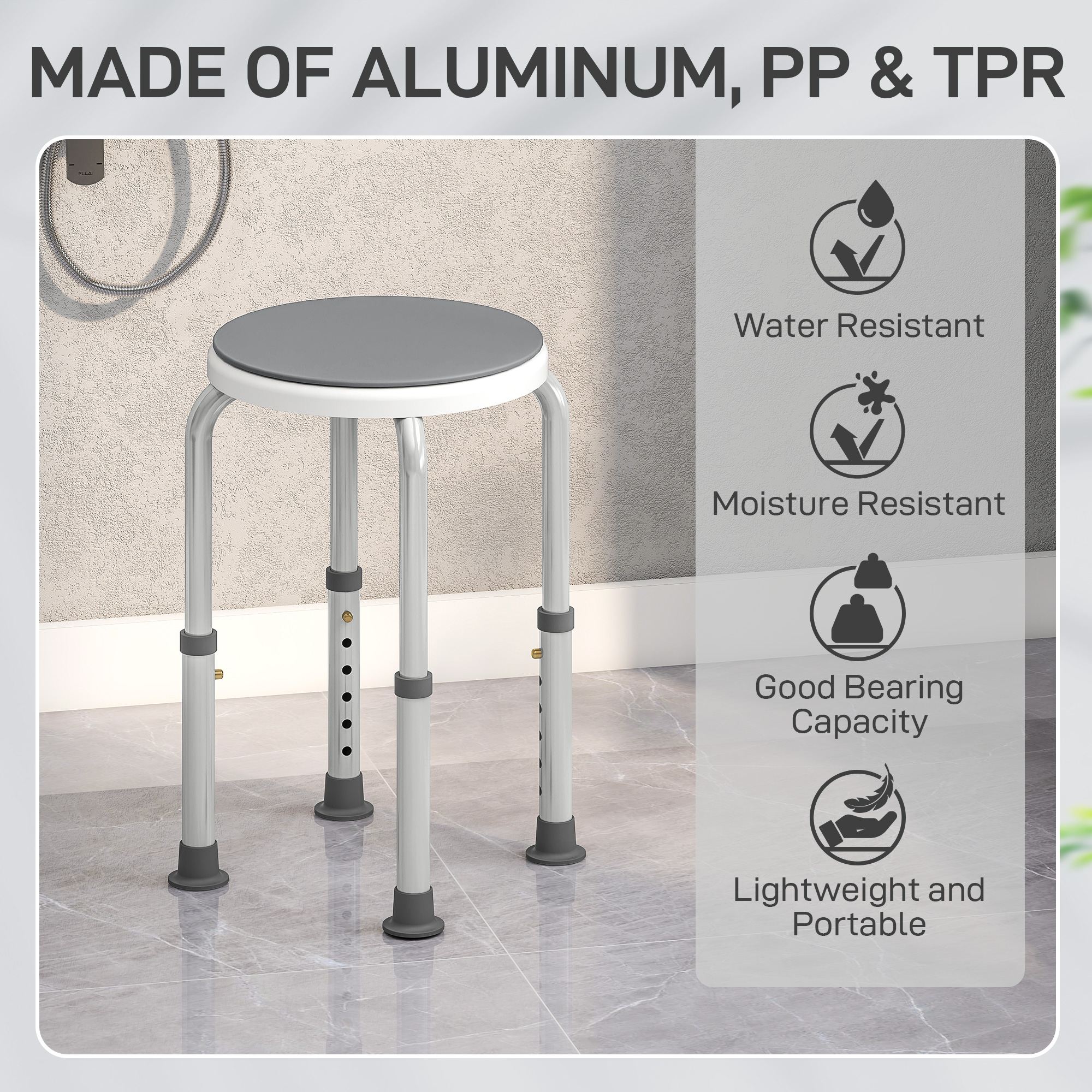 HOMCOM 360° Swivel Shower Chair, Height Adjustable Aluminium Shower Stool with Non-Slip Feet for Disabled, Elderly, Grey 5