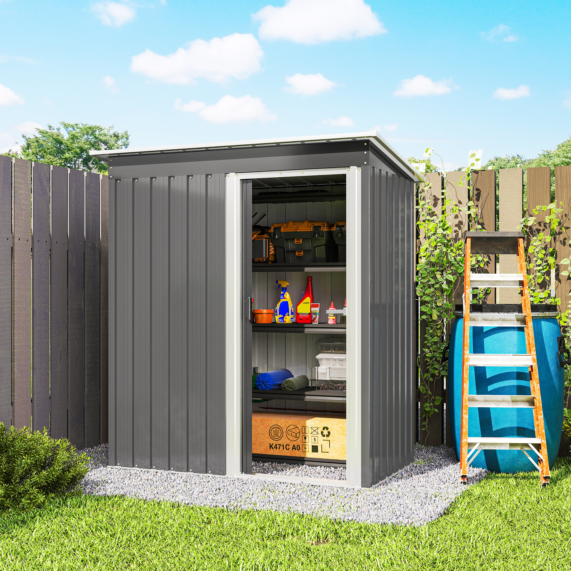 Outsunny 5x3 Storage Shed with Sliding Door and Sloped Roof for Garden, Light Grey 9