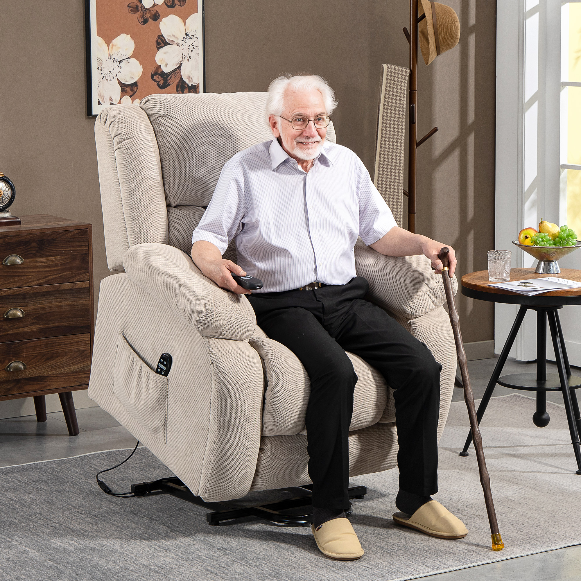  Fotoliu de Ridicare Masajant si Reclinabil cu 2 Buzunare si Telecomanda, 93x104x105 cm, Bej [1]