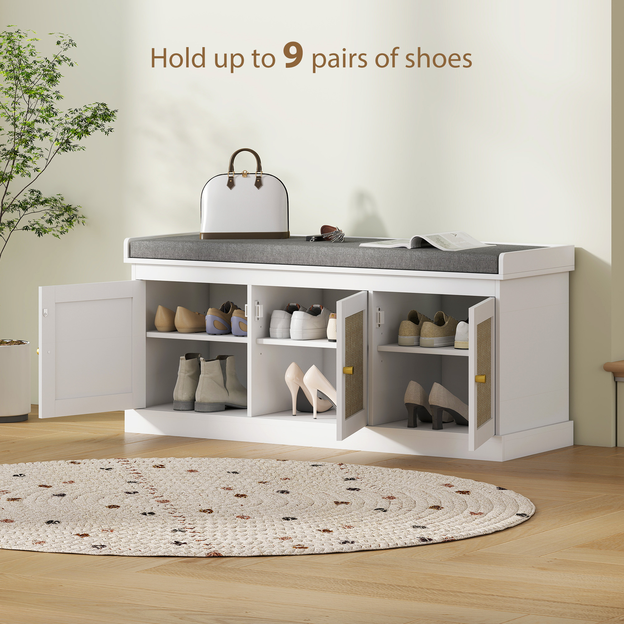 HOMCOM Shoe Storage Bench with Woven Rattan Doors, Seat White 6