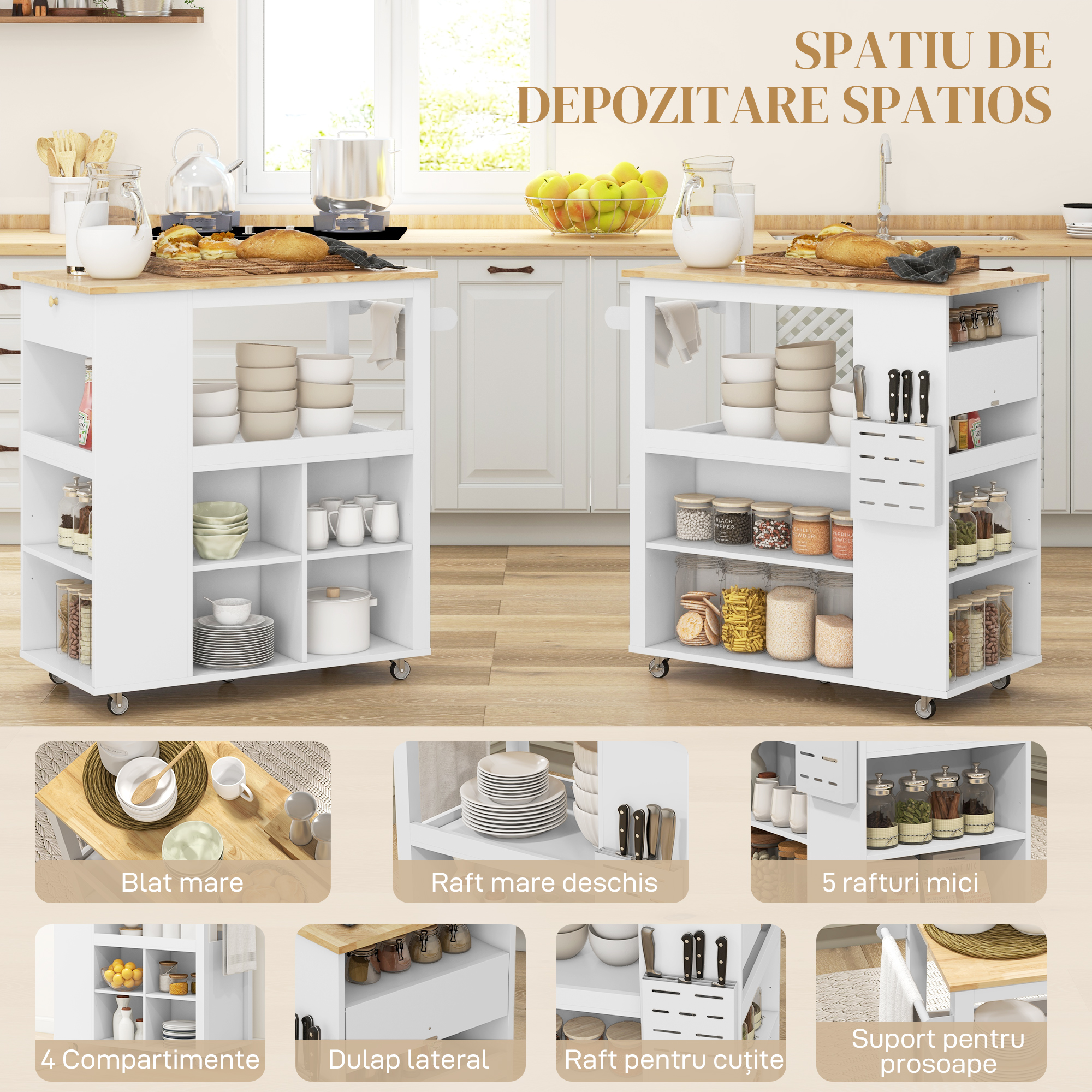  Carucior Insula de Bucatarie cu Rafturi Reglabile, Suport pentru Cutite si Blat din Lemn, 86.5x47x88 cm, Alb [3]
