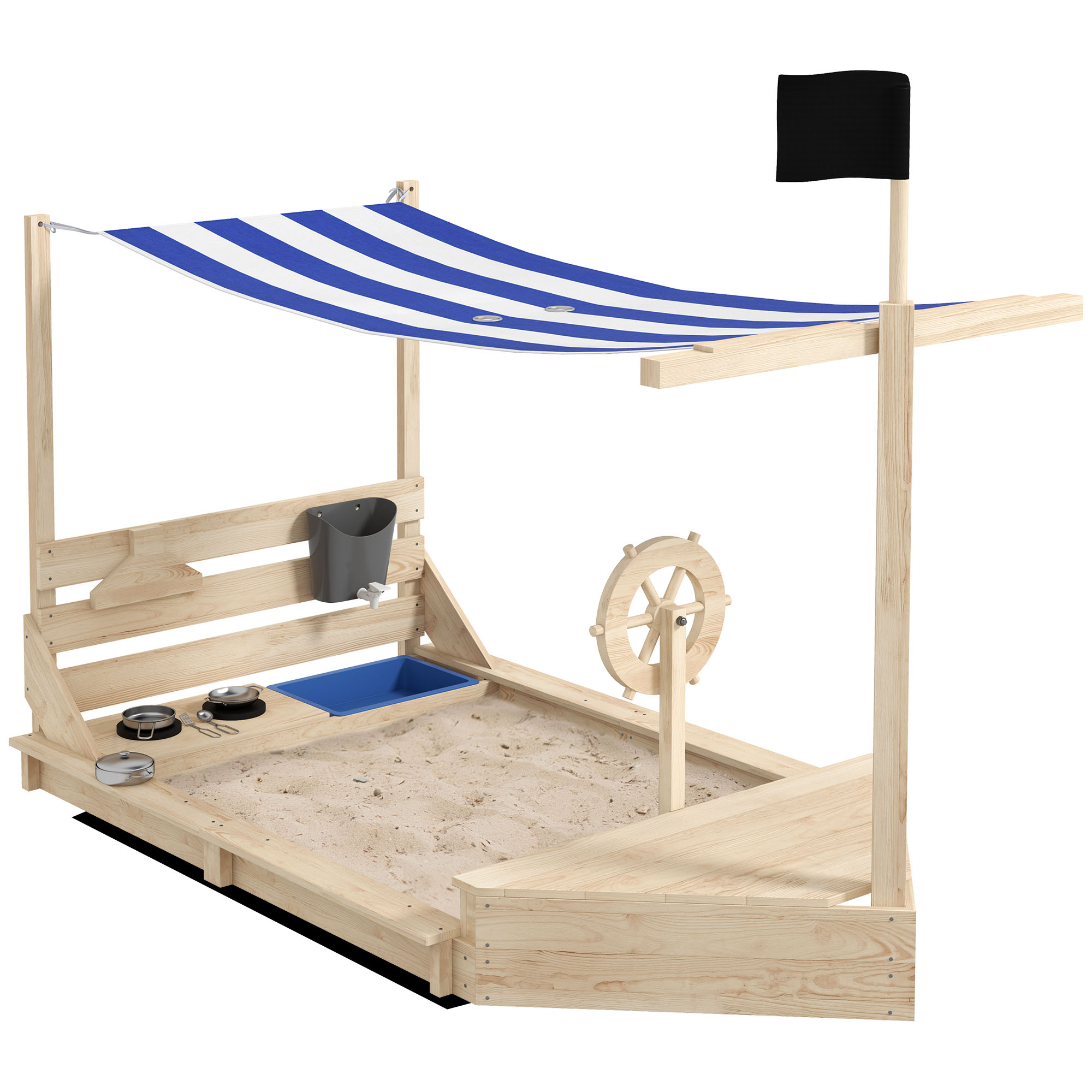 Image of Outsunny Sabbiera con Tettuccio e Set Cucina per Bambini 3-7 Anni, Legno di Abete, Gioco Esterno Creativo, 180x103x144.5 cm Aosom006