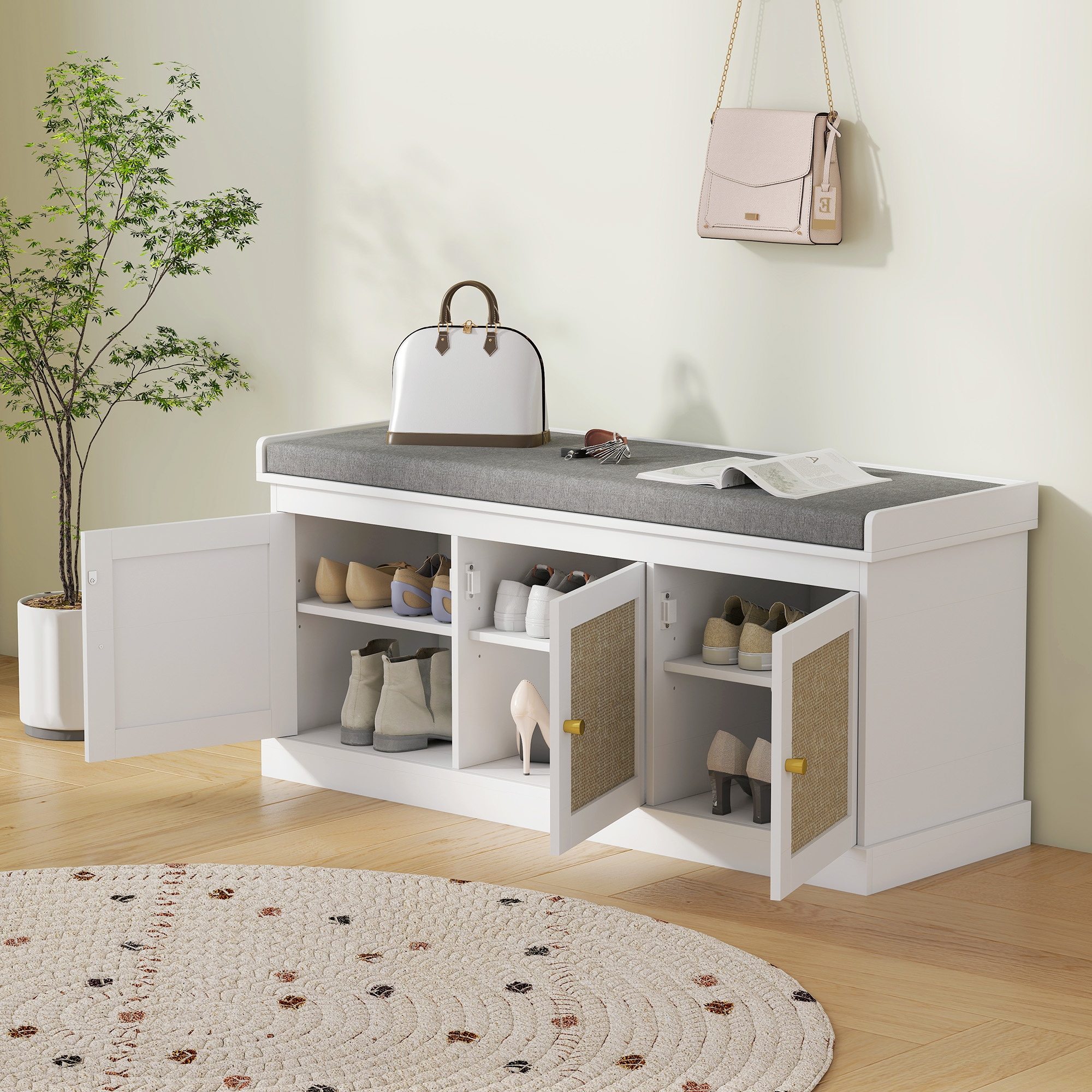 HOMCOM Shoe Storage Bench with Woven Rattan Doors, Seat White 9