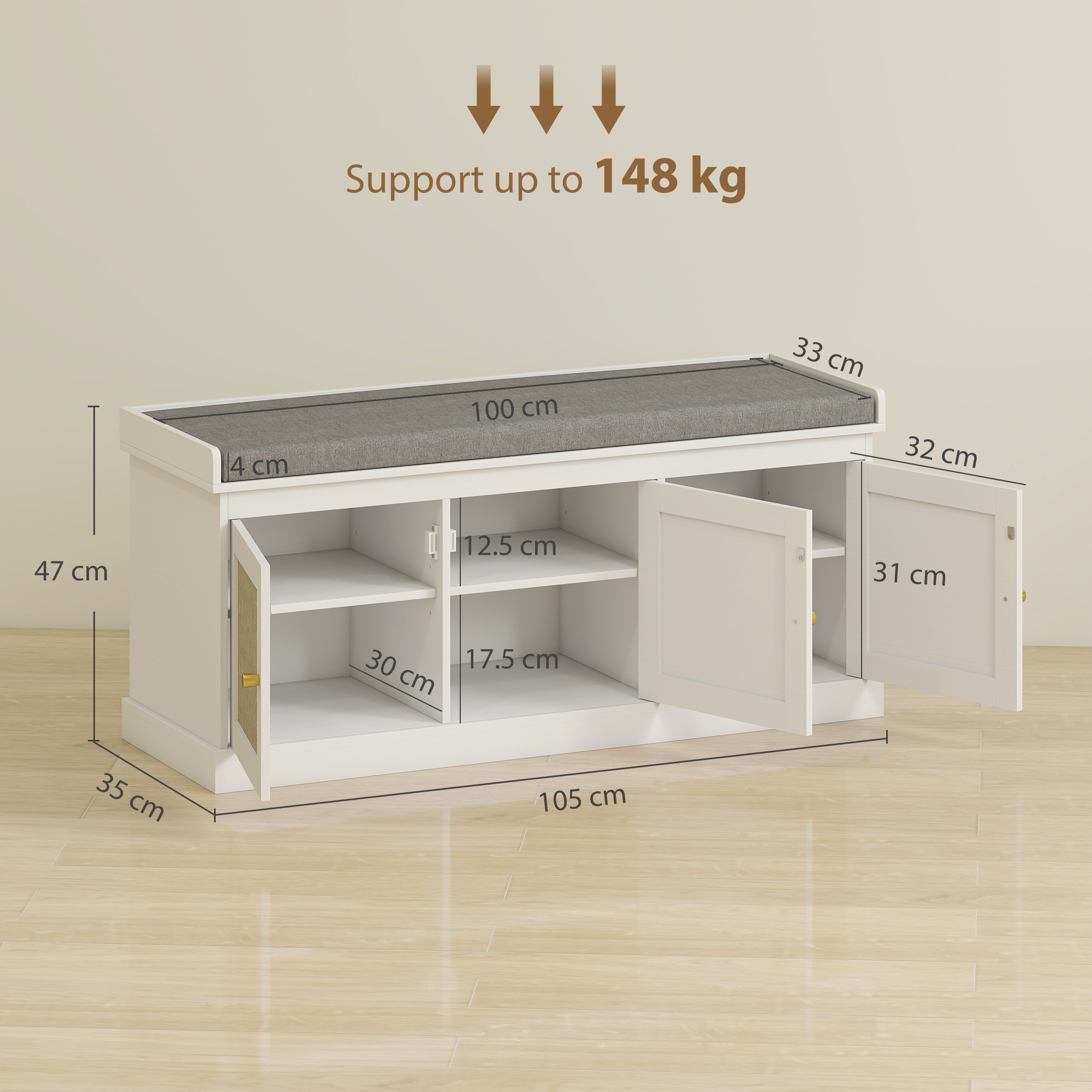 HOMCOM Shoe Storage Bench with Woven Rattan Doors, Seat White 3
