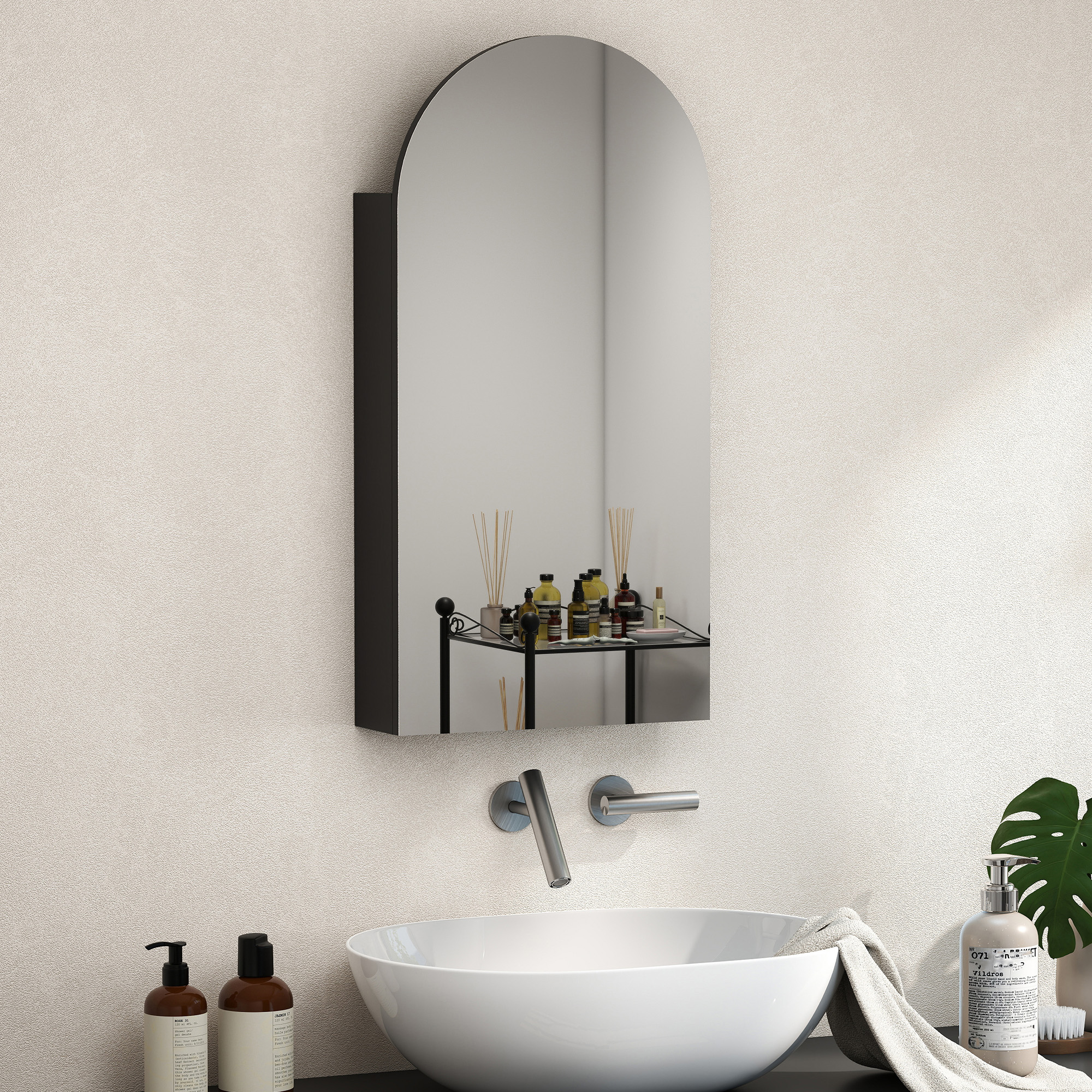 HOMCOM Arched Bathroom Mirror Cabinet with Adjustable Glass Shelves Black 2