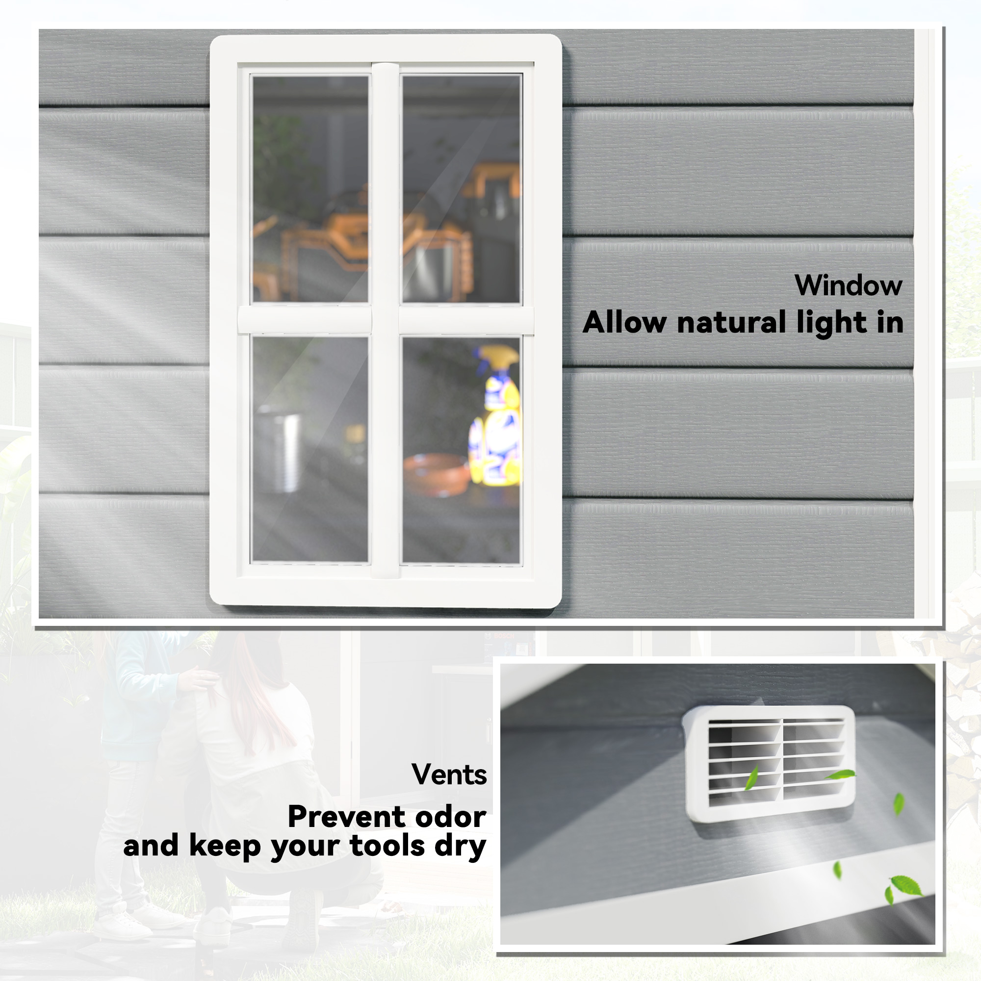 Outsunny 6'x4.5' Garden Storage Shed, Lockable Garden Shed with Double Doors, Window, Vent and Plastic Roof, Grey 7