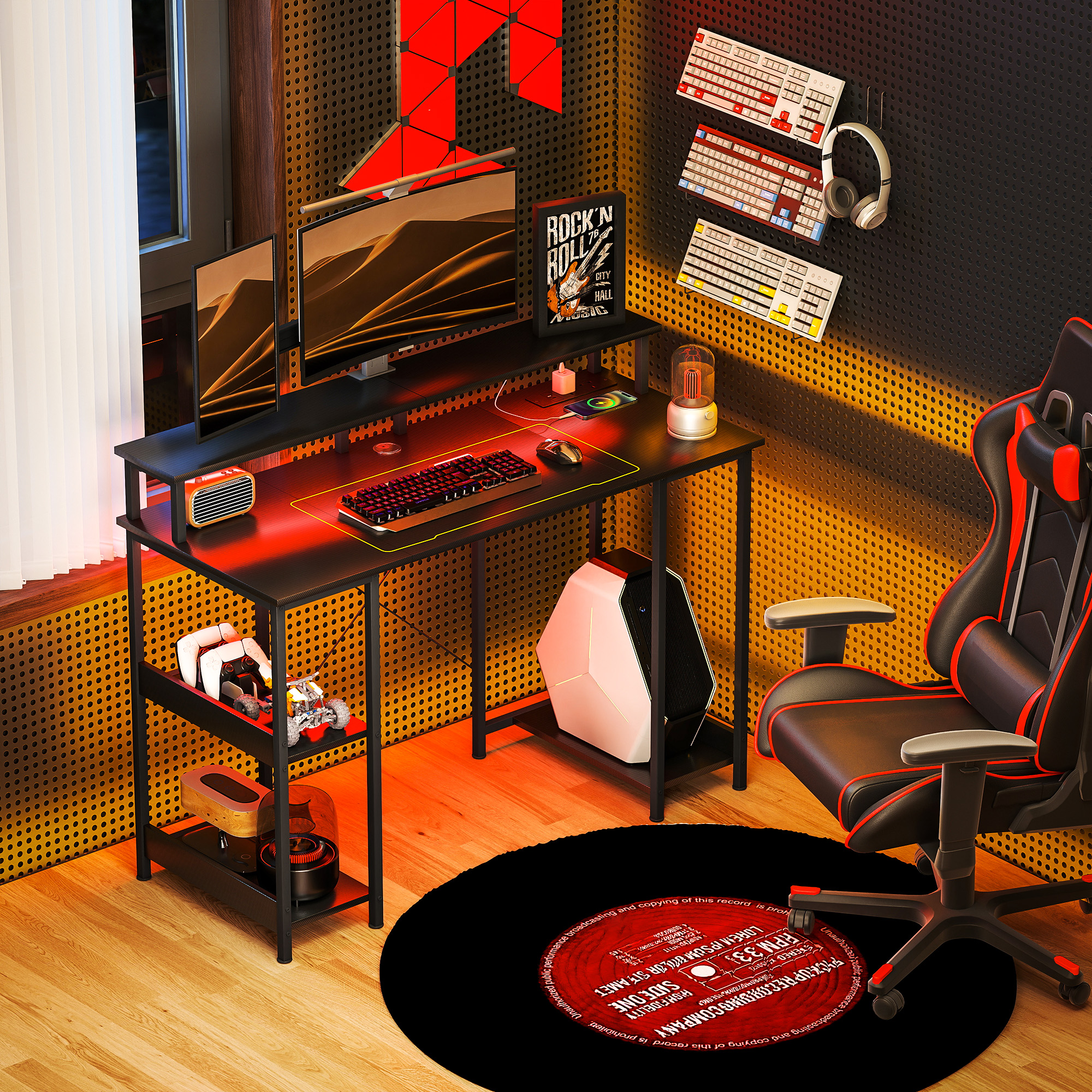 HOMCOM LED Computer Desk, with Power Outlets and Shelves Carbon Fibre Grey 2