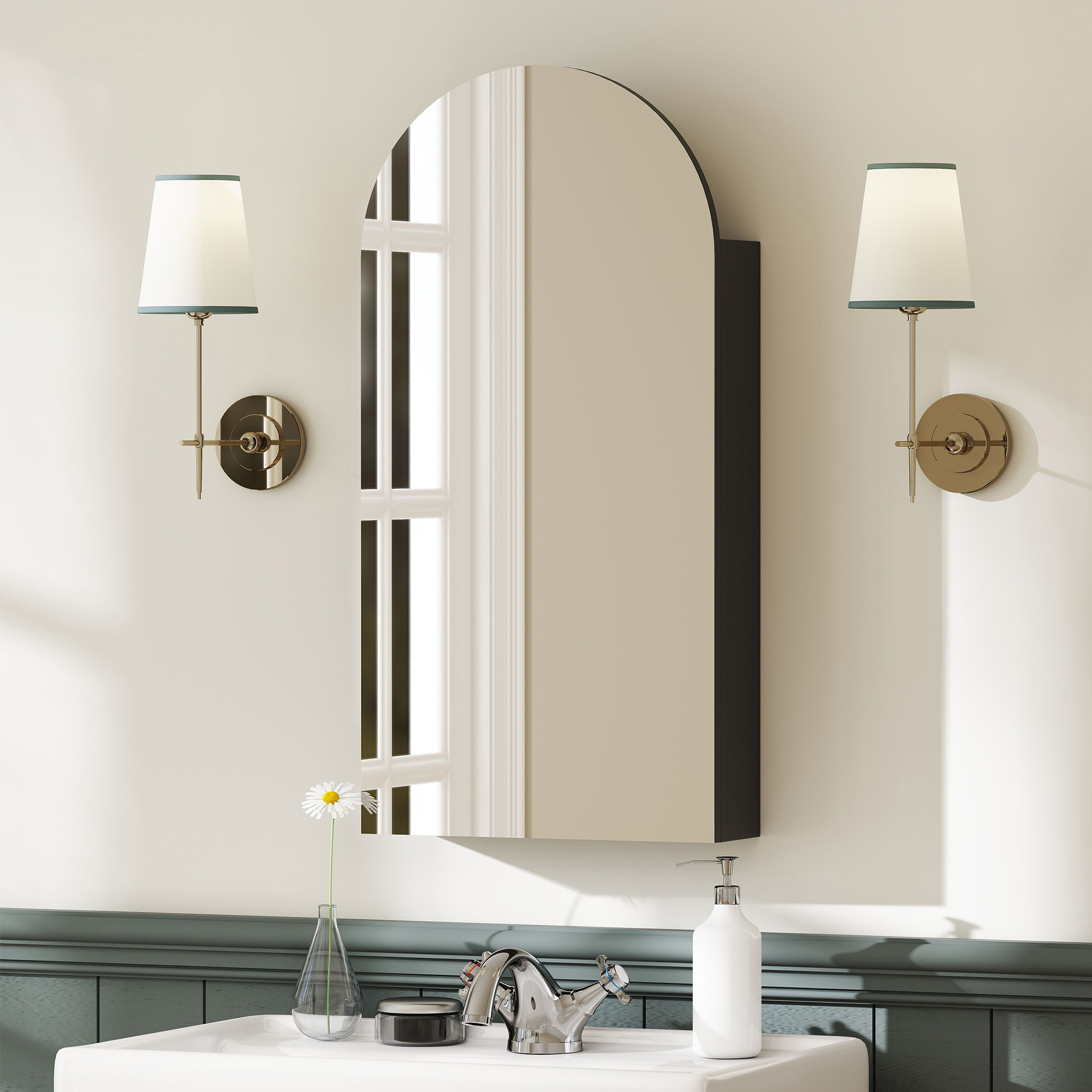 HOMCOM Arched Bathroom Mirror Cabinet with Adjustable Glass Shelves Black 8