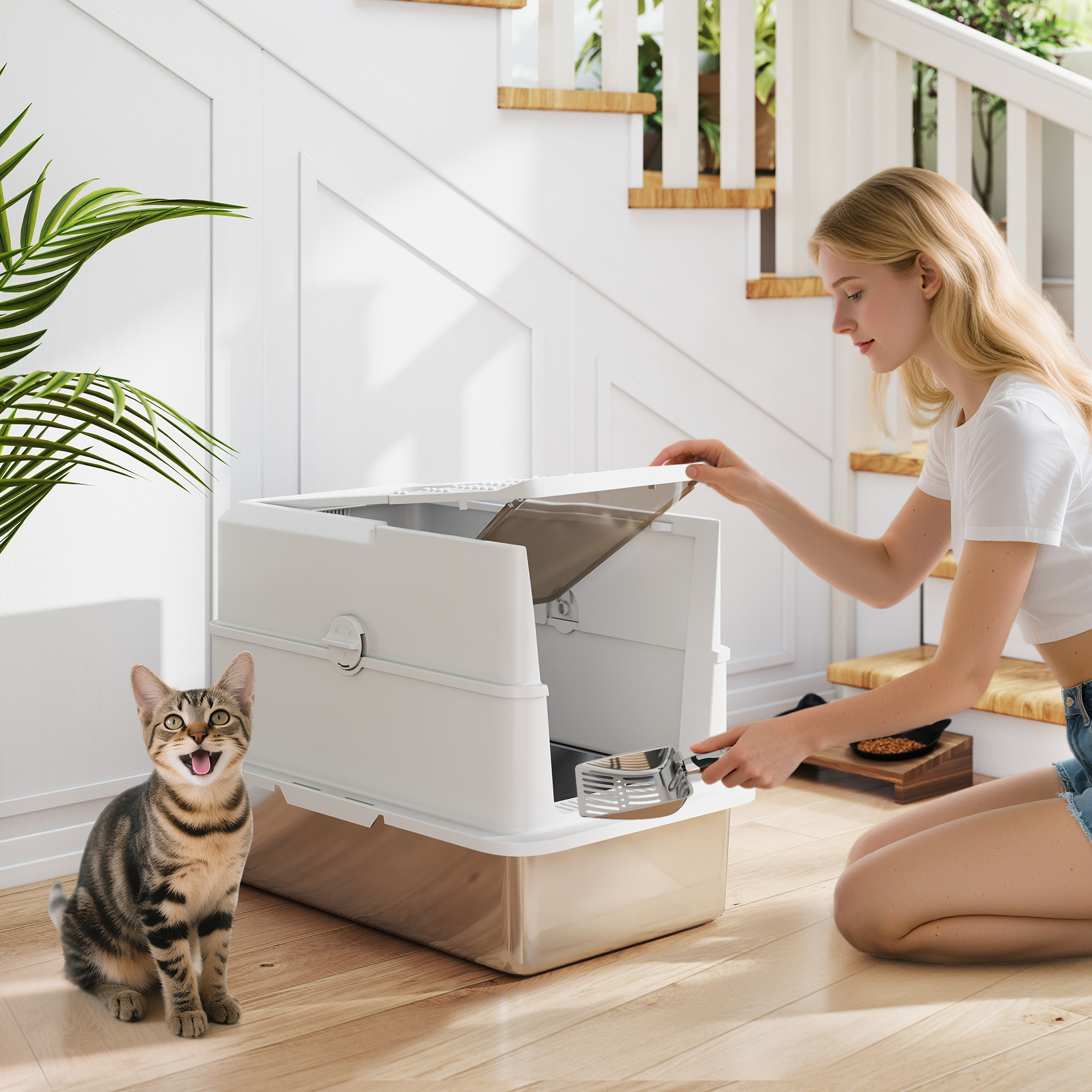 PawHut Geschlossenes Katzenklo aus Edelstahl, Katzentoilette mit Schaufel, günstig online kaufen