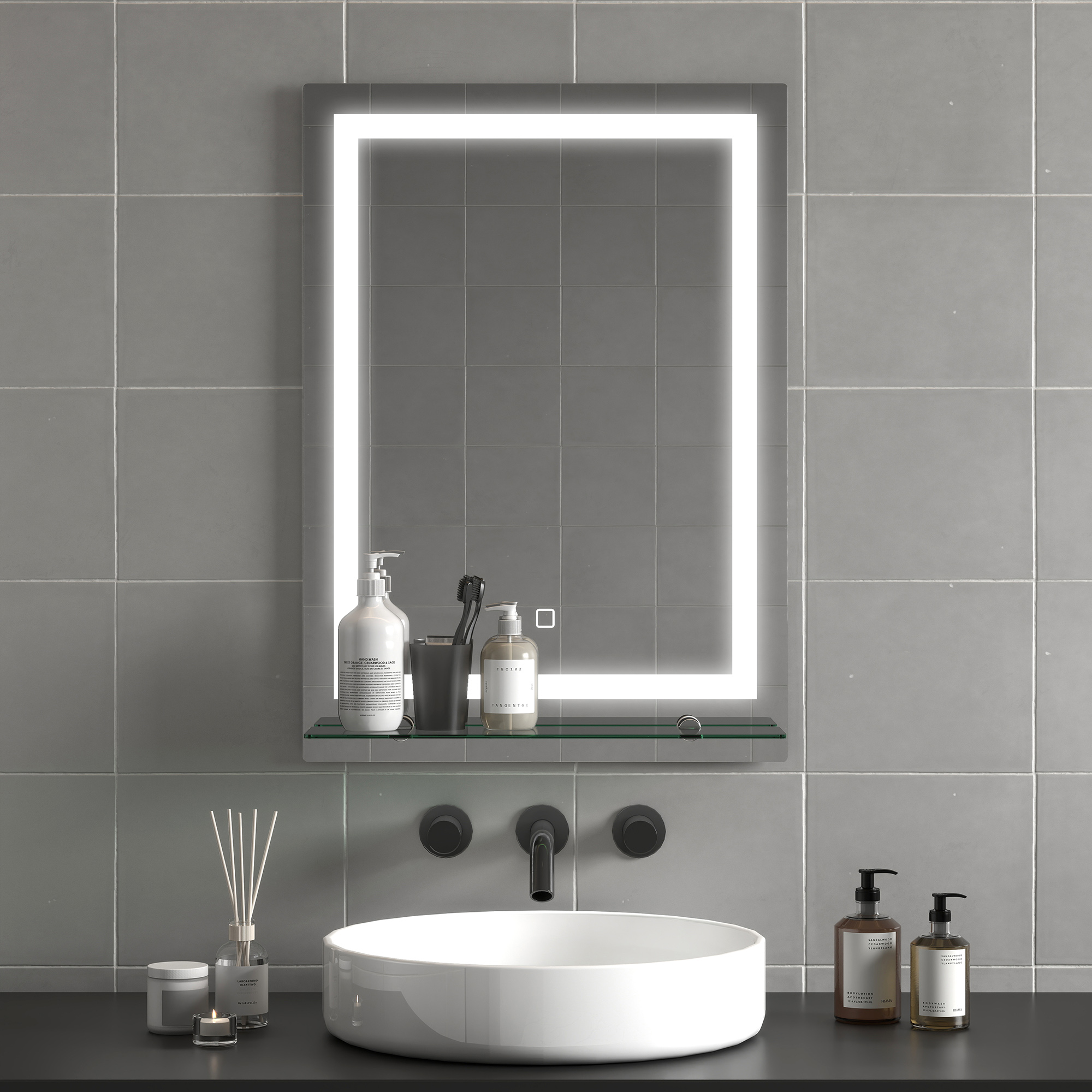 LED-vannitoa peegel, hämardatav, uduvastane, puutetundlik lüliti, riiul, 50 x 70 cm, hõbedane