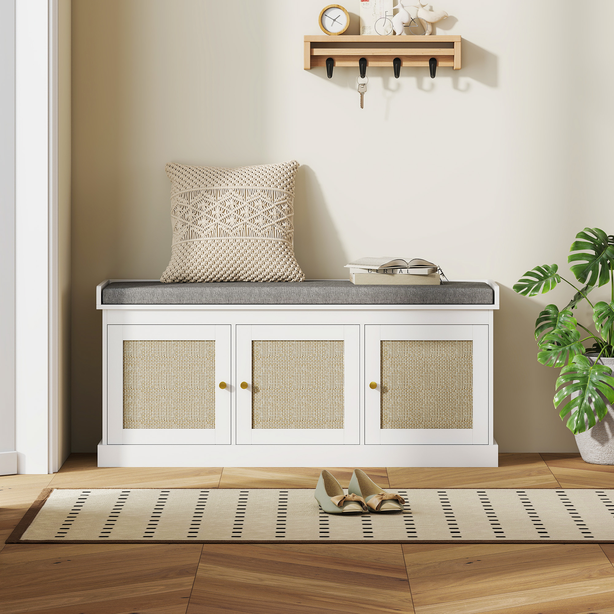 HOMCOM Shoe Storage Bench with Woven Rattan Doors, Seat White 8