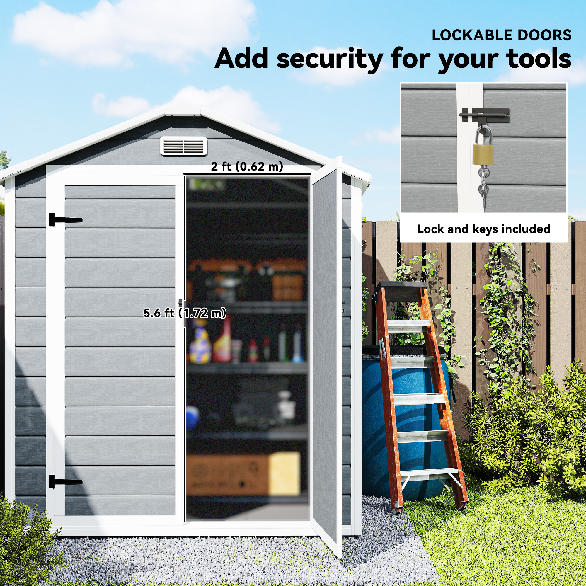 Outsunny 6'x4.5' Garden Storage Shed, Lockable Garden Shed with Double Doors, Window, Vent and Plastic Roof, Grey 8