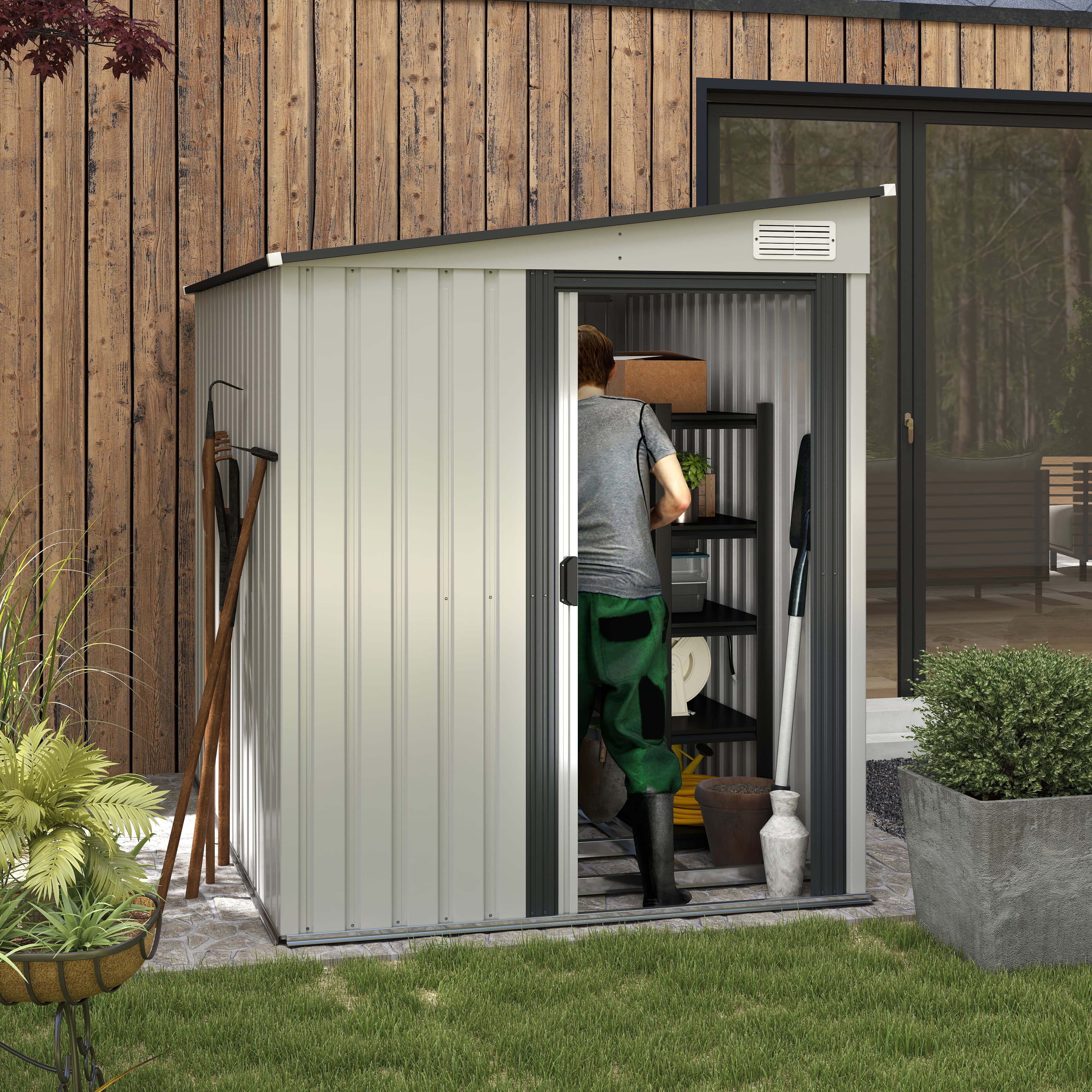 Outsunny 7 x 5ft Galvanised Metal Shed, with Sliding Door White 2