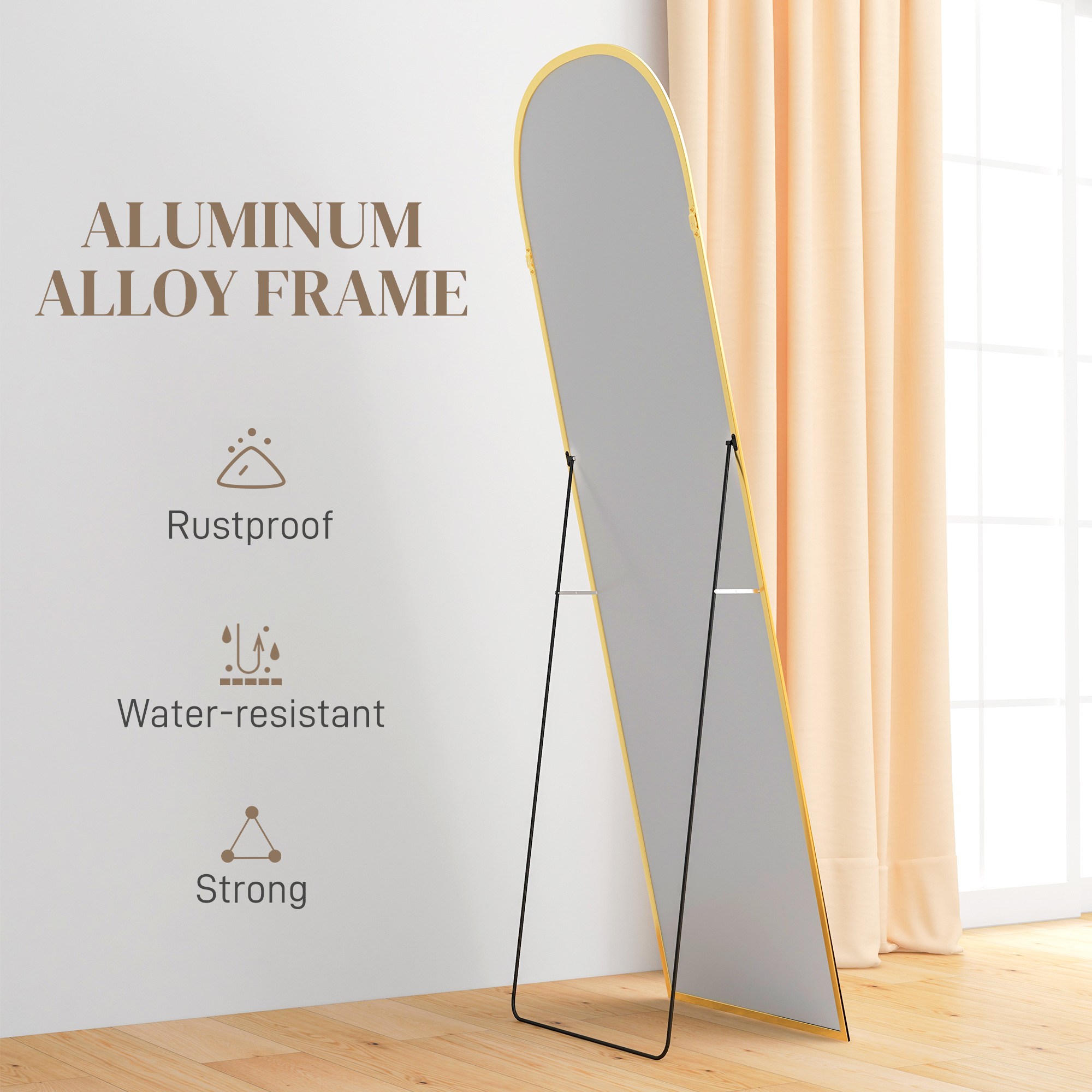  Oglinda de Podea si Perete Moderna din Aliaj de Aluminiu cu Suport Pliabil, 50x161.5 cm, Aur [5]