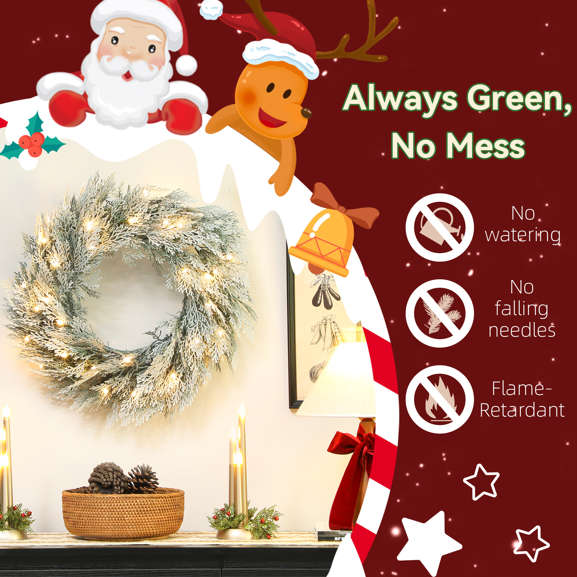 HOMCOM 60cm/ 24inch Flocked Prelit Christmas Wreath 4