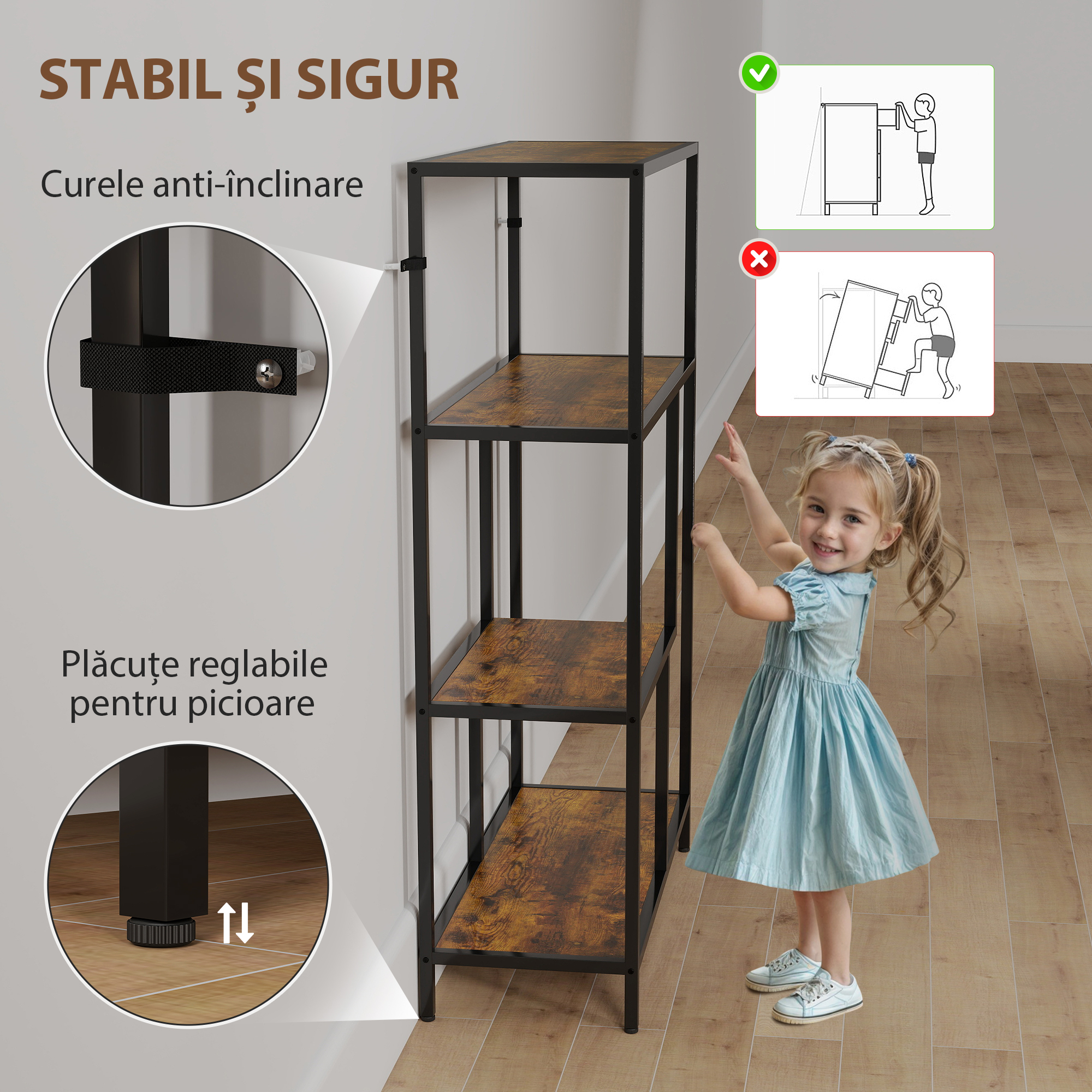  Biblioteca cu 4 Rafturi Stil Industrial din Lemn si Metal, 77x30x116 cm, Maro Rustic [4]