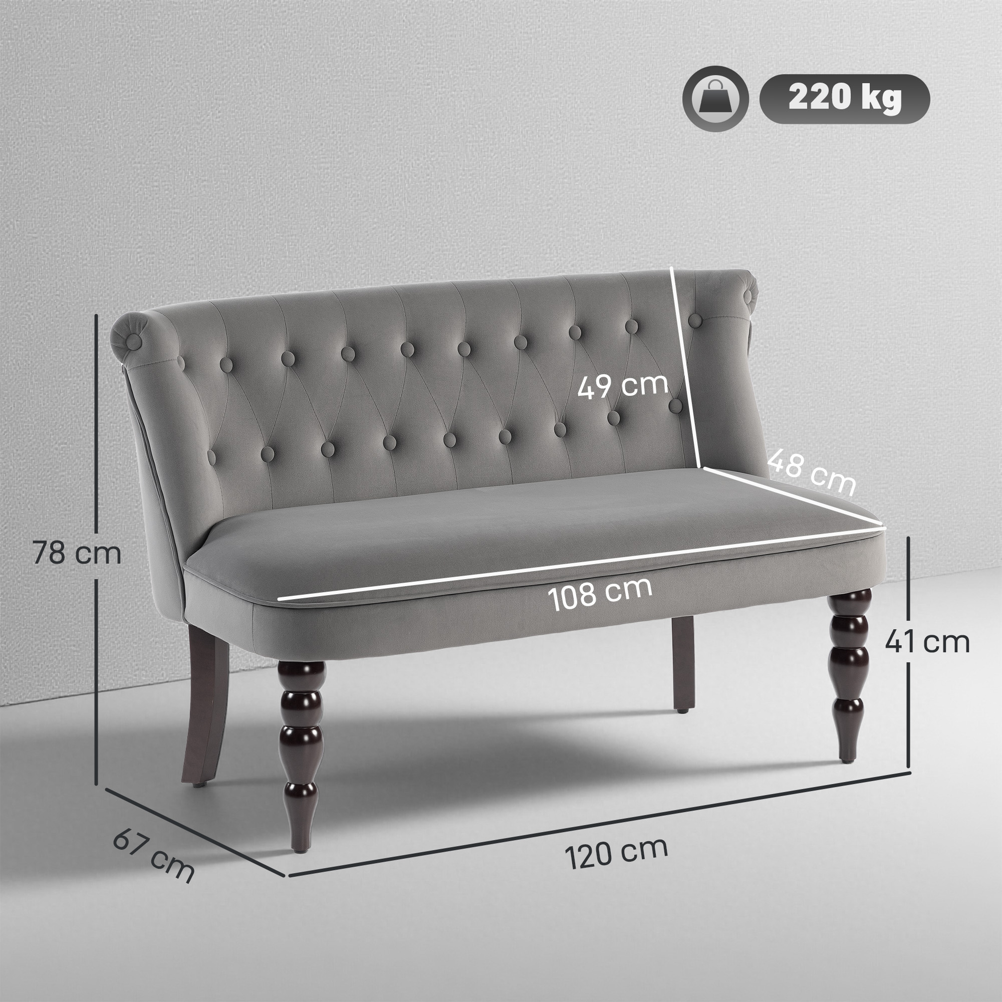 HOMCOM Velvet 2 Seater Sofa, Button Tufted Wingback Loveseat with Rubber Wood Legs for Living Room, Bedroom, Charcoal Grey 3