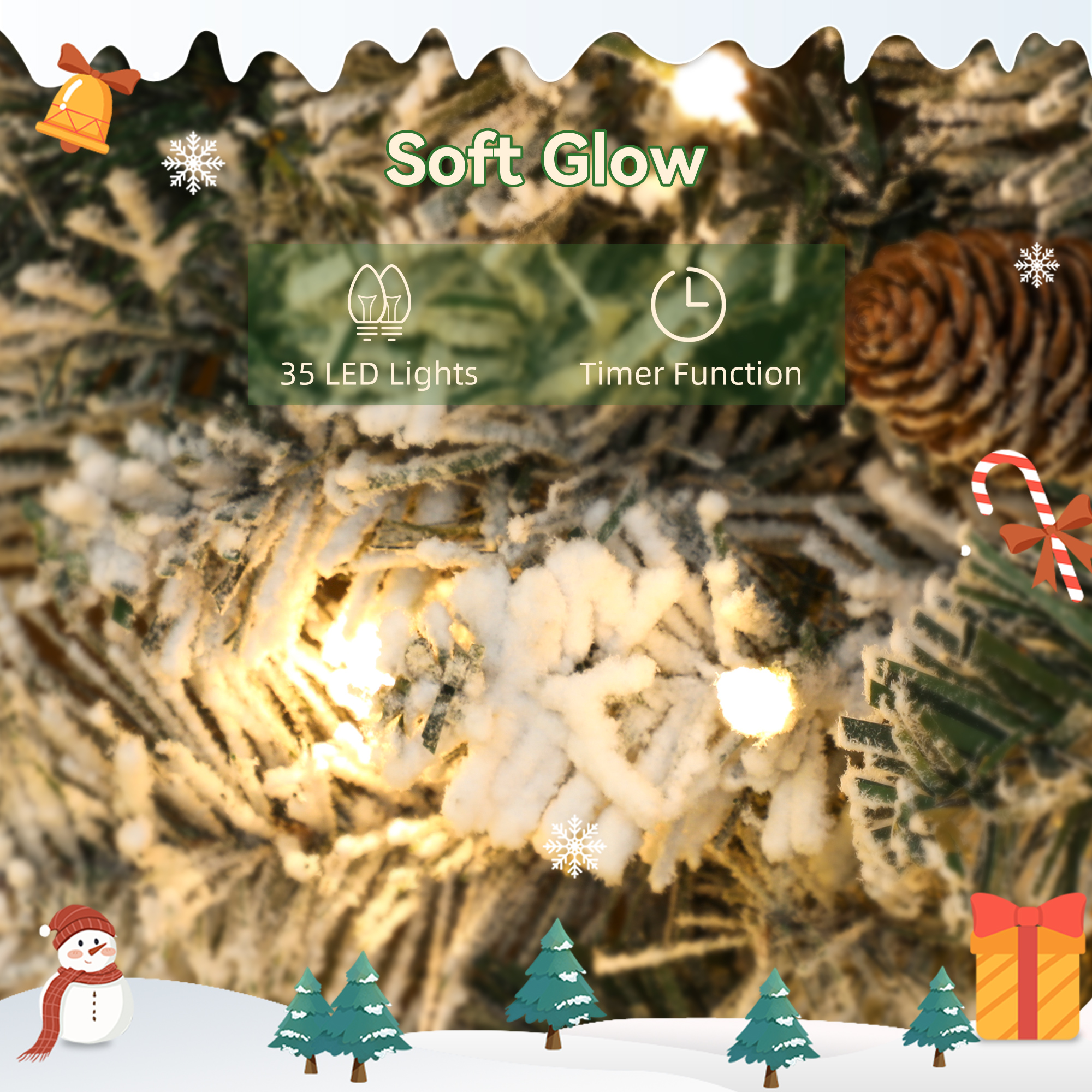 HOMCOM 60cm/ 24inch Flocked Prelit Christmas Wreath 5