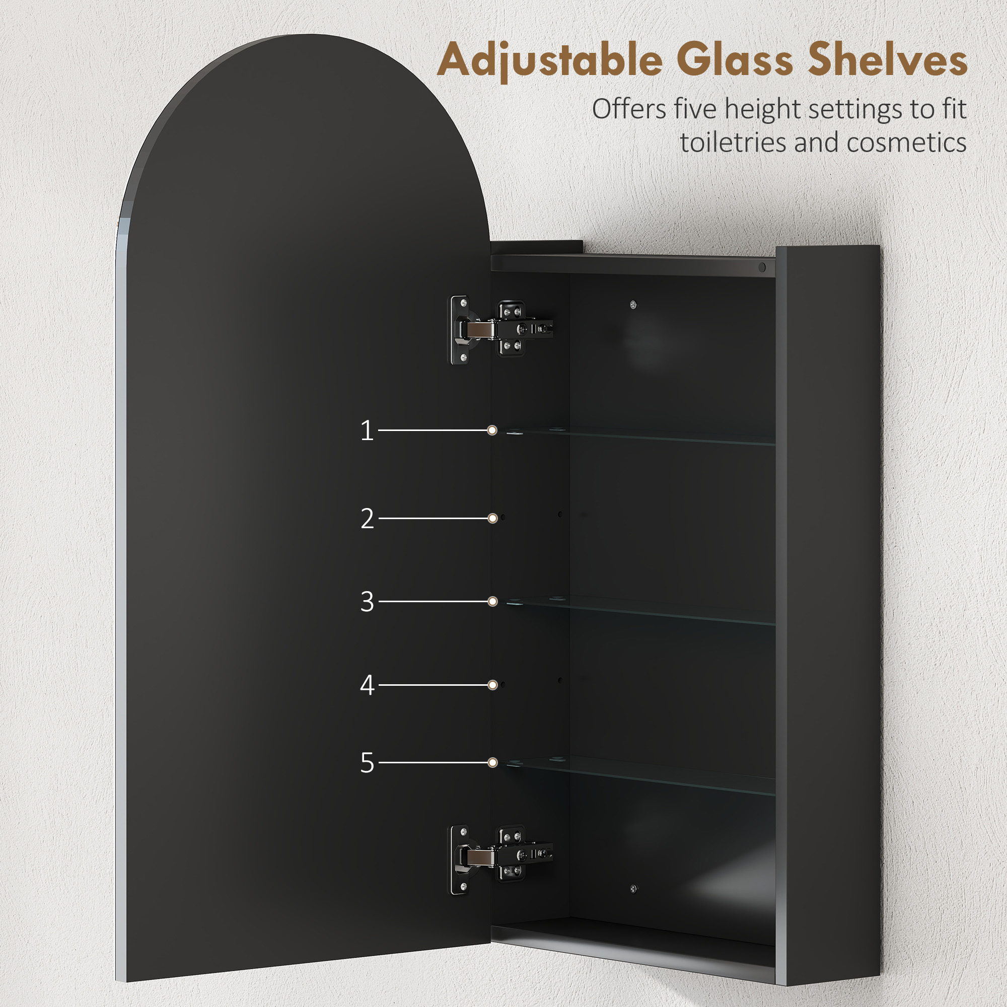 HOMCOM Arched Bathroom Mirror Cabinet with Adjustable Glass Shelves Black 5