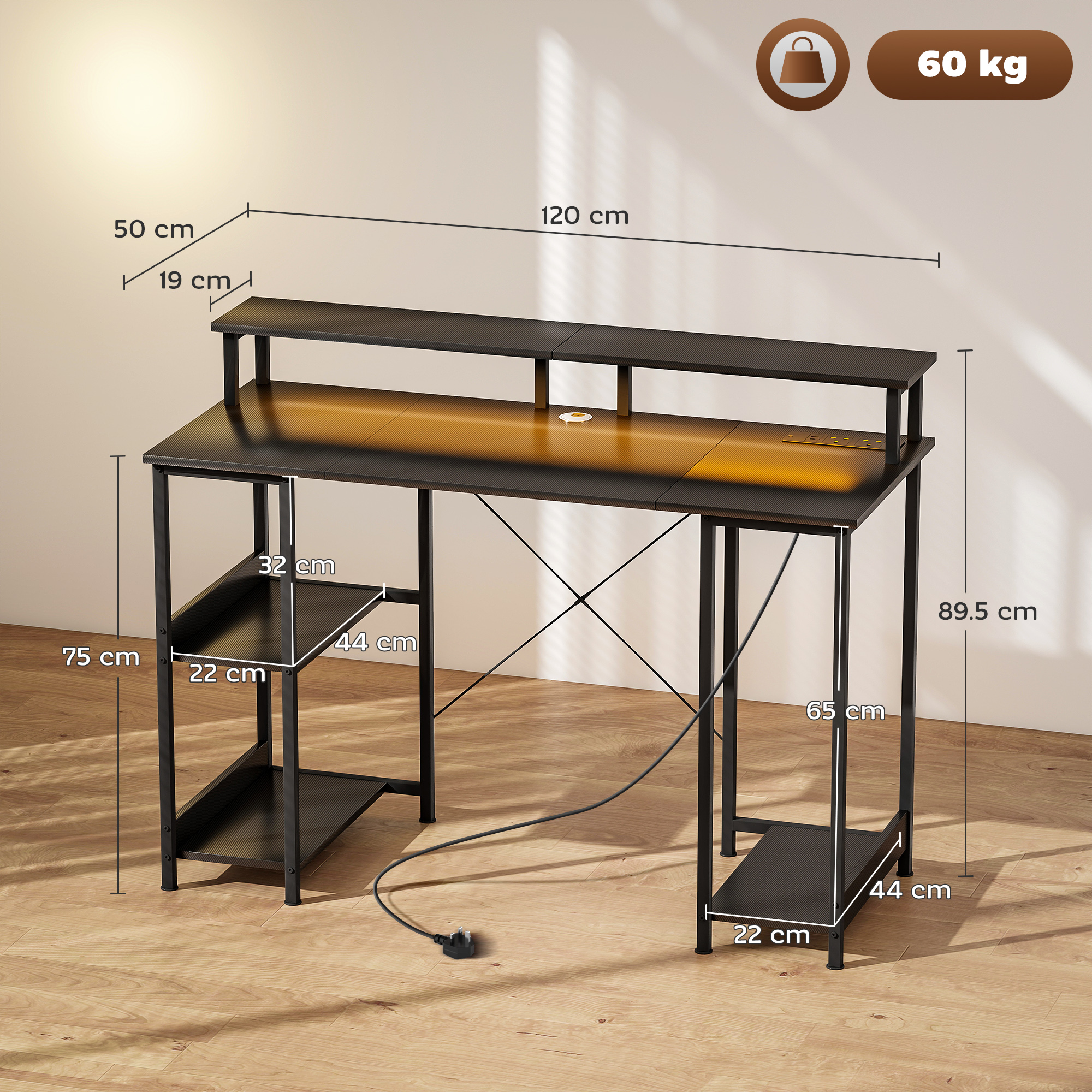 HOMCOM LED Computer Desk, with Power Outlets and Shelves Carbon Fibre Grey 3