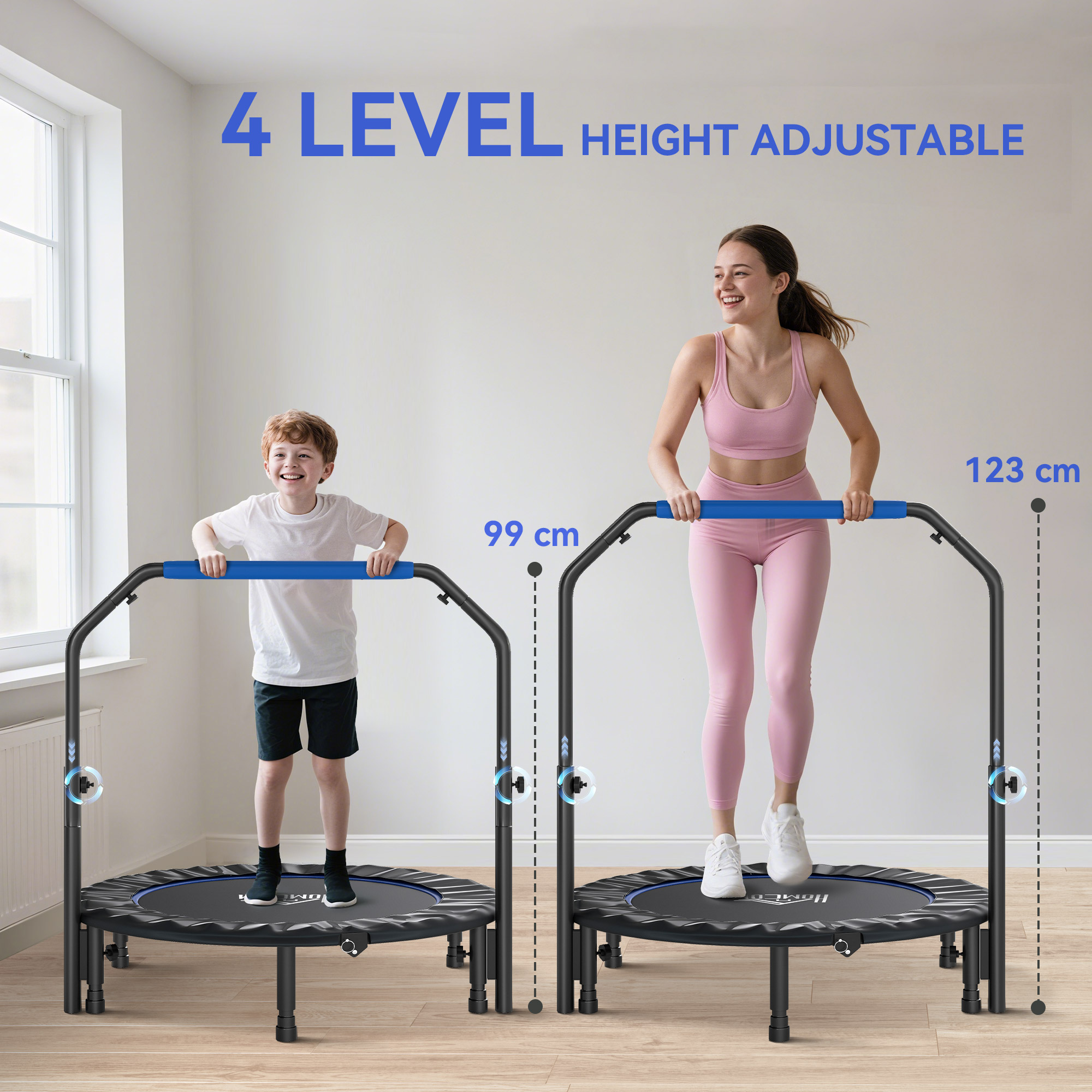 HOMCOM 45" Foldable Mini Fitness Trampoline, with Adjustable Foam Handle, Blue 4