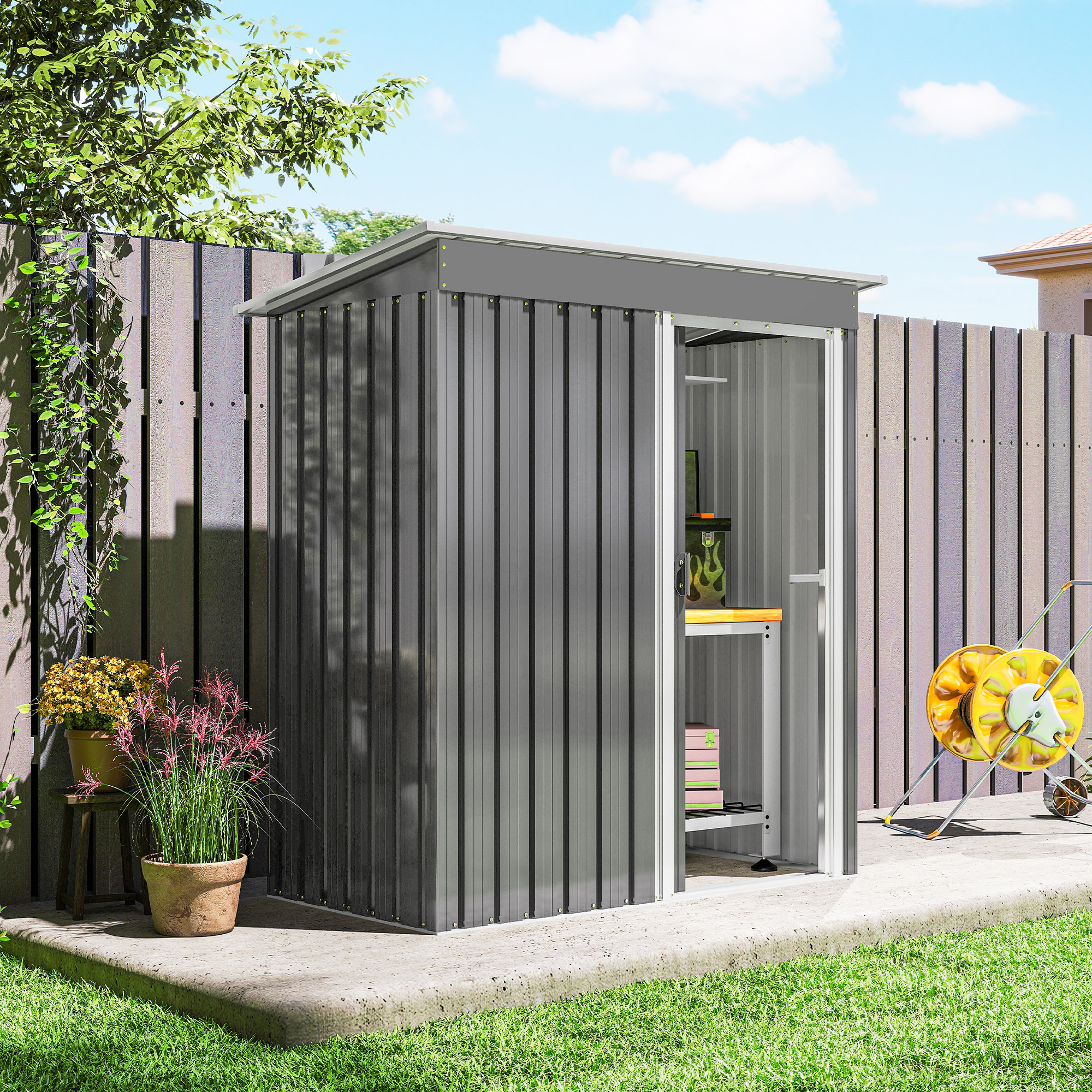 Outsunny 5x3 Storage Shed with Sliding Door and Sloped Roof for Garden, Light Grey 8