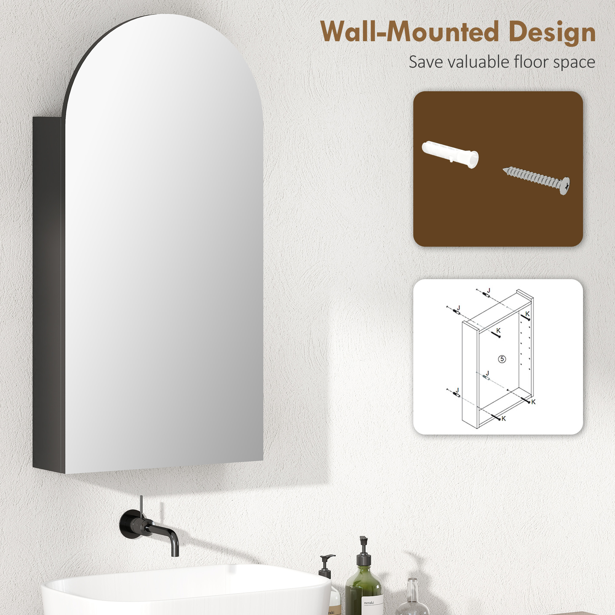 HOMCOM Arched Bathroom Mirror Cabinet with Adjustable Glass Shelves Black 6