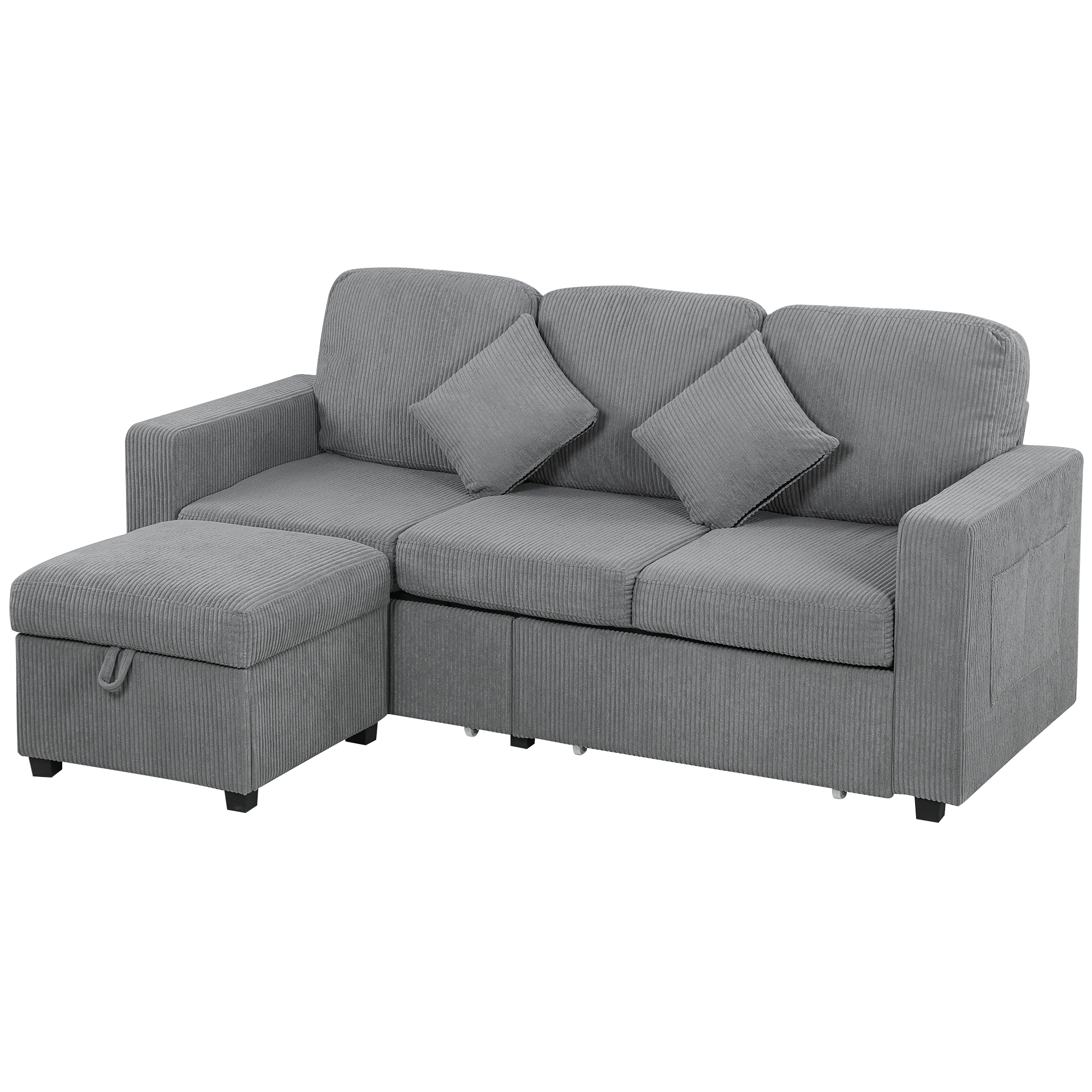 Canapé 3 Places Modulaire avec Pouf Coffre en Velours Côtelé, Gris Clair