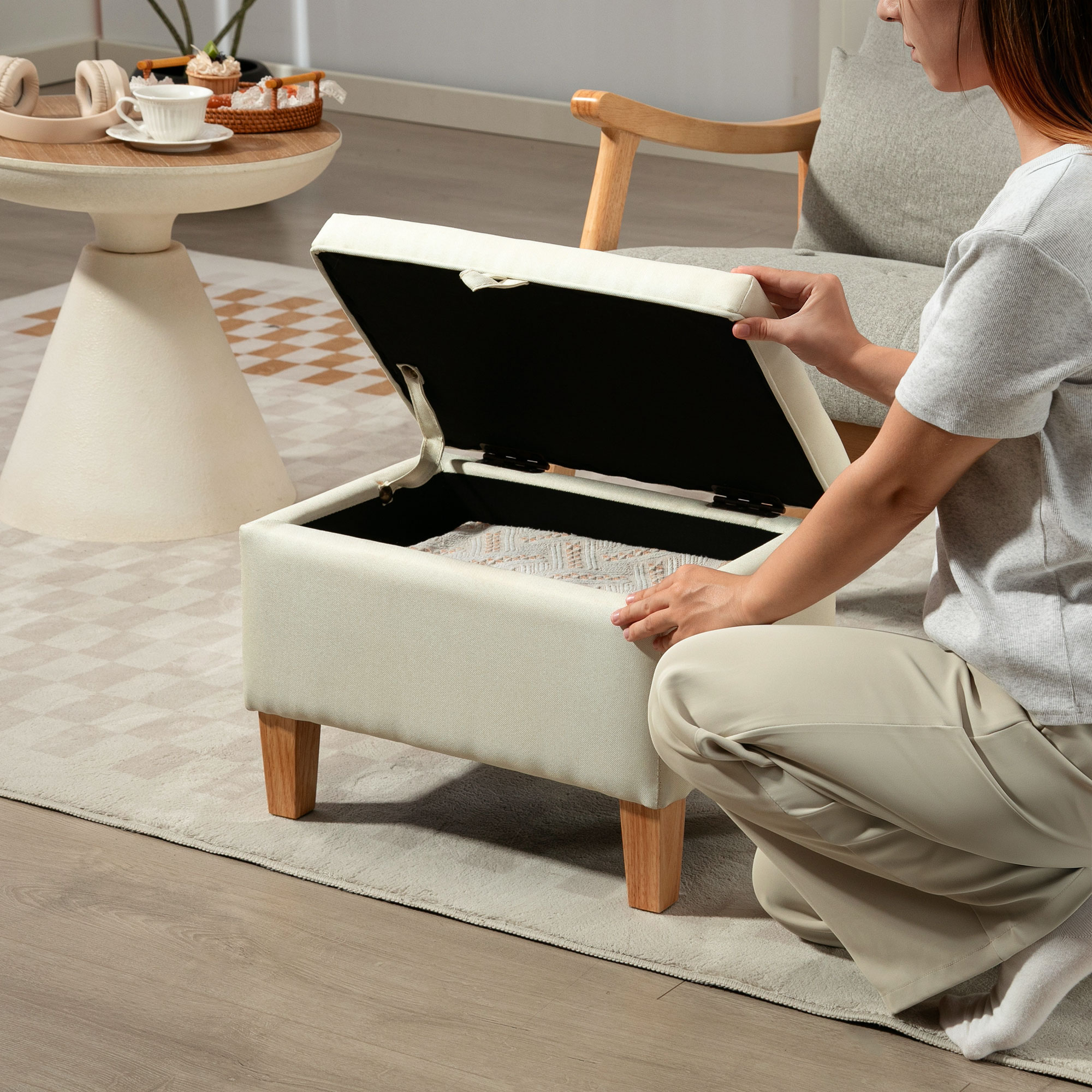 HOMCOM 16L Linen Storage Ottoman Padded Footstool with Rubberwood Legs for Storage Box, Bed End, Shoe Bench, Seating, Beige 8