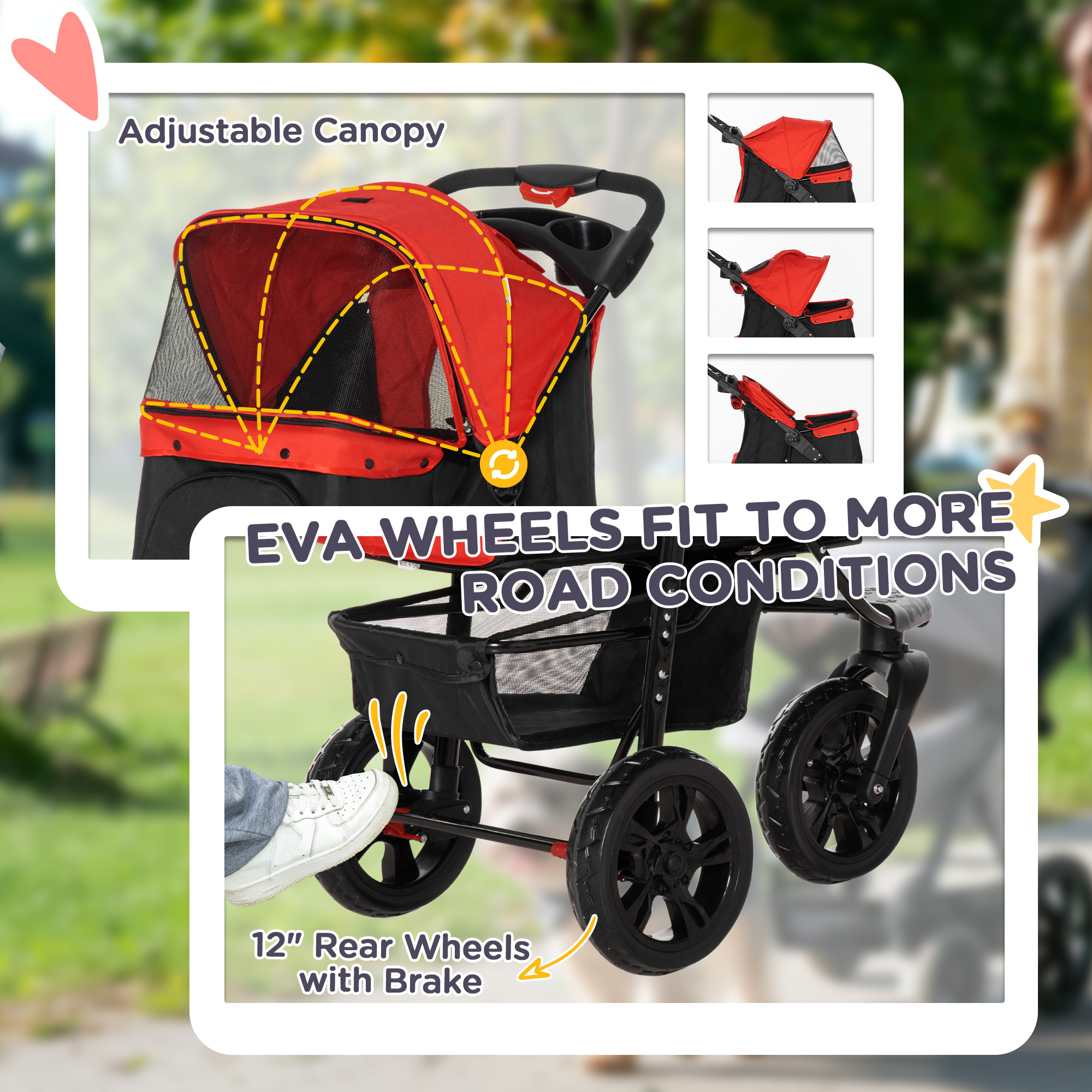 PawHut Dog Stroller Foldable Pet Pram, 3 Wheels Dog Pushchair with Brake, for Small Miniature Breeds, Cats, Red 7