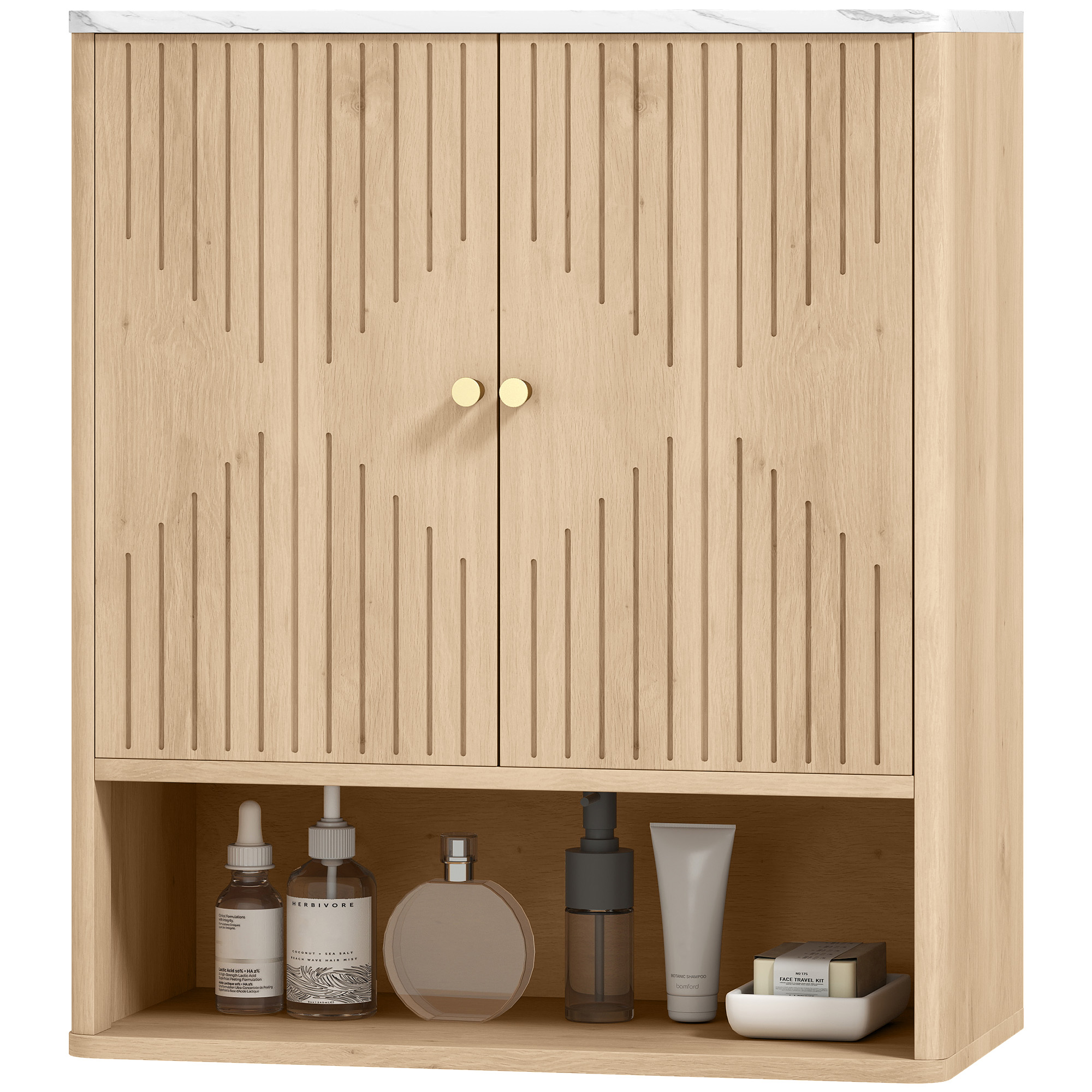 HOMCOM Armoire murale de salle de bain, meuble de rangement avec compartiment ouvert et étagère réglable, 60 x 18 x 70 cm chêne