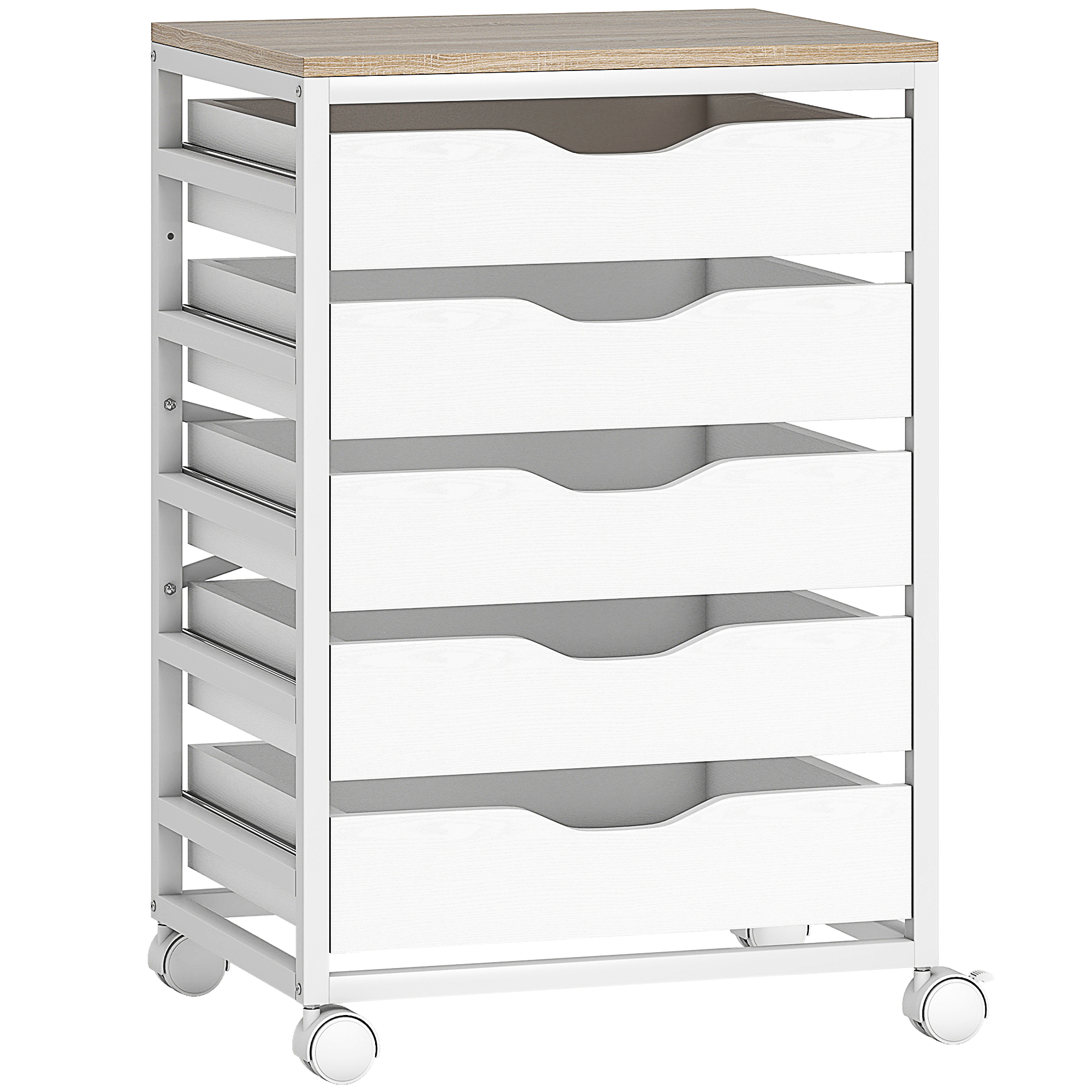 HOMCOM Archivador de oficina móvil, mueble de almacenamiento en ruedas de madera con 5 cajones, asas empotradas, 50 x 40 x 74,5 cm, blanco