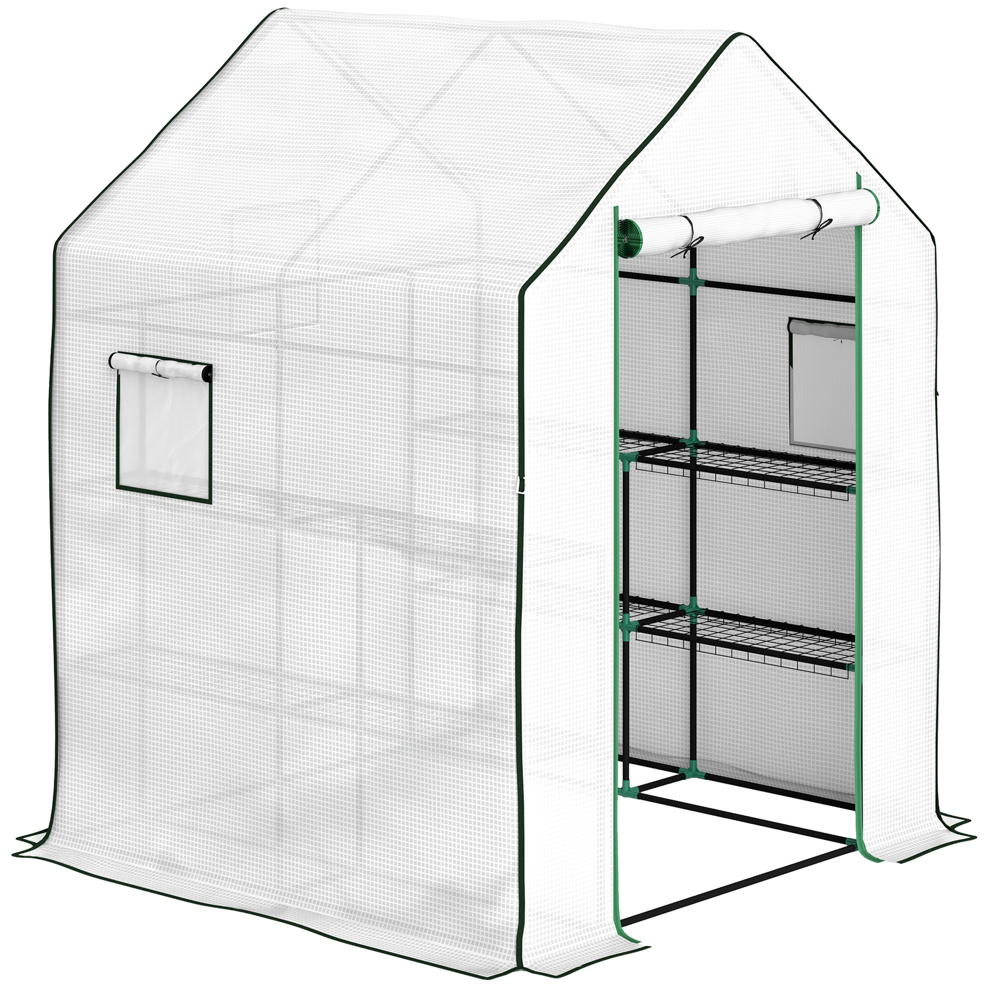 Outsunny Invernadero de Exterior con 6 Estantes Puerta Enrollable Cubierta de PE y Marco de Acero 140x143x190 cm Blanco